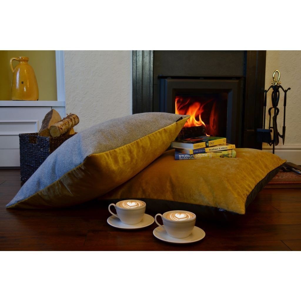 McAlister Textiles Deluxe Herringbone Grey + Yellow 66cm x 66cm Floor Cushion Floor Cushions 