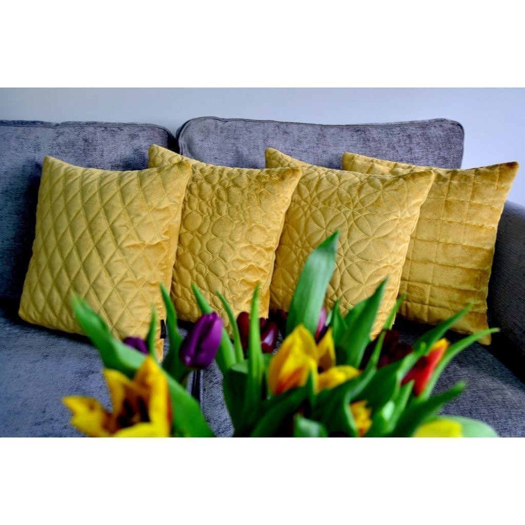McAlister Textiles Round Quilted Yellow Gold Velvet Cushion Cushions and Covers 