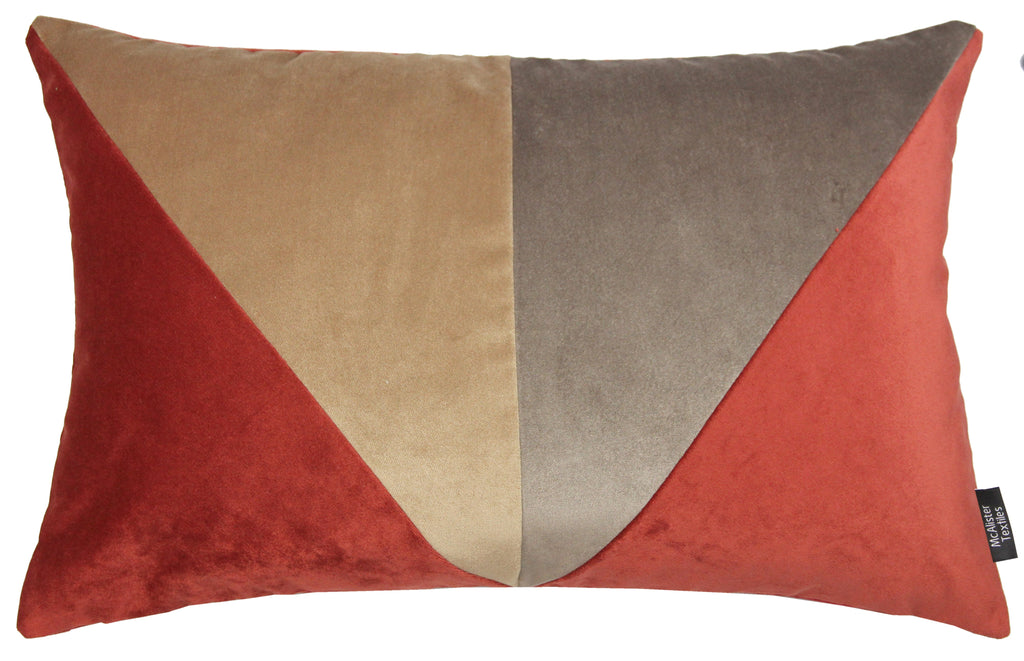 McAlister Textiles 3 Colour Patchwork Rust Red, Caramel + Mocha Pillow