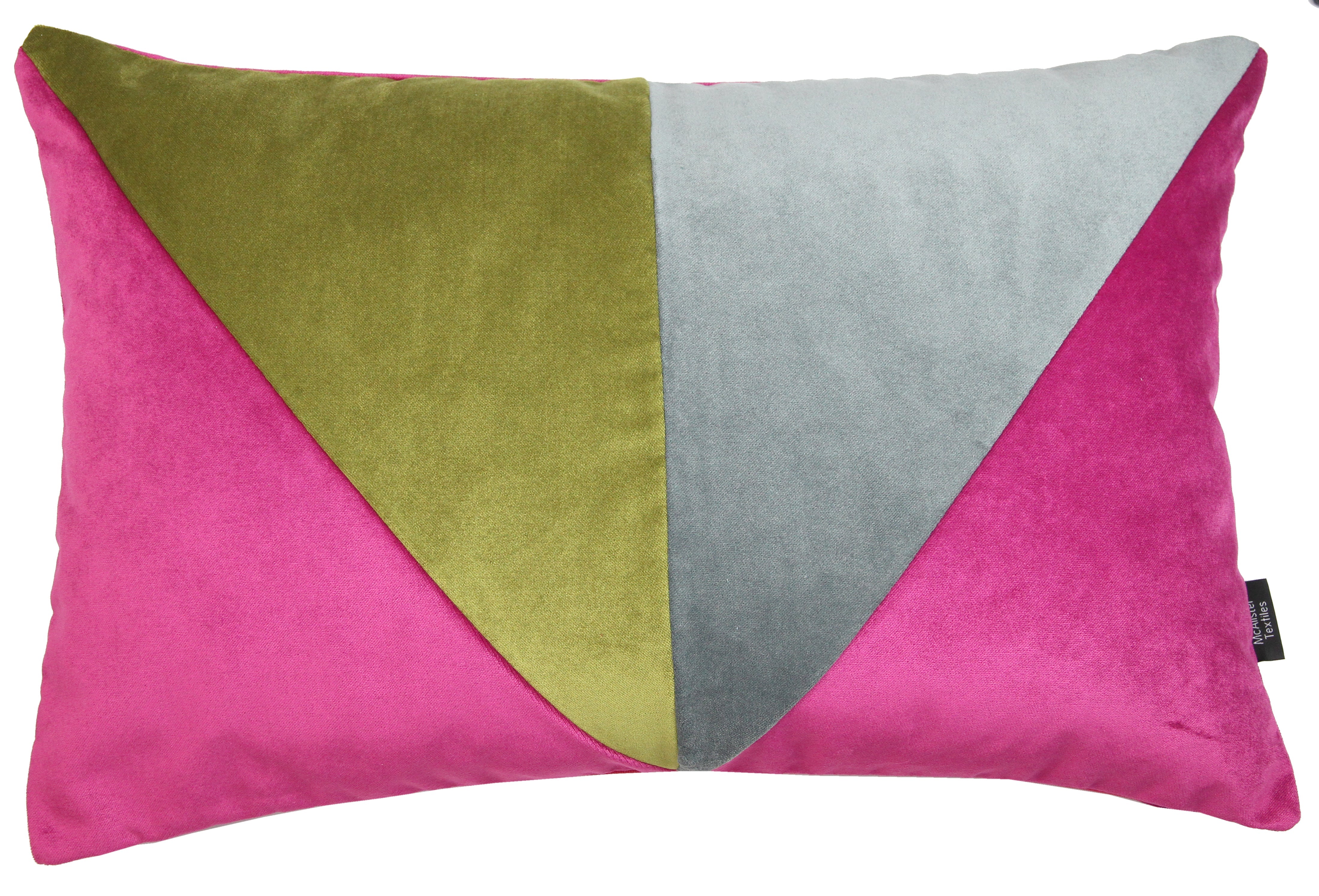 McAlister Textiles 3 Colour Patchwork Velvet Petrol Fuchsia Lime + Grey Pillow