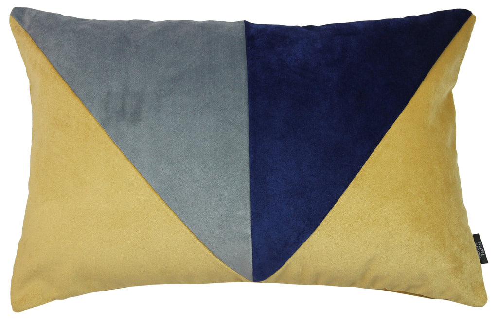 McAlister Textiles 3 Colour Patchwork Velvet Navy Yellow, Ochre + Grey Pillow