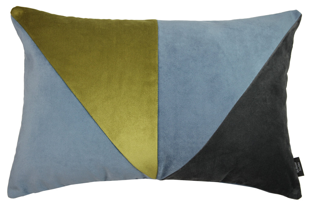 McAlister Textiles 3 Colour Patchwork Velvet Petrol Blue, Lime + Grey Pillow