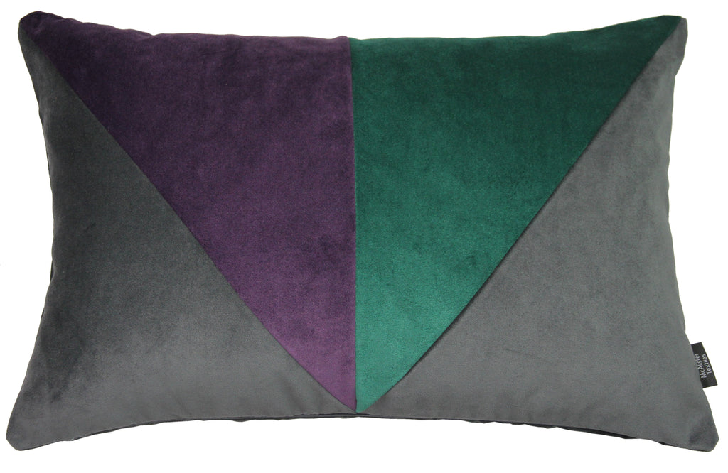 McAlister Textiles 3 Colour Patchwork Velvet Charcoal, Purple + Emerald Green Pillow
