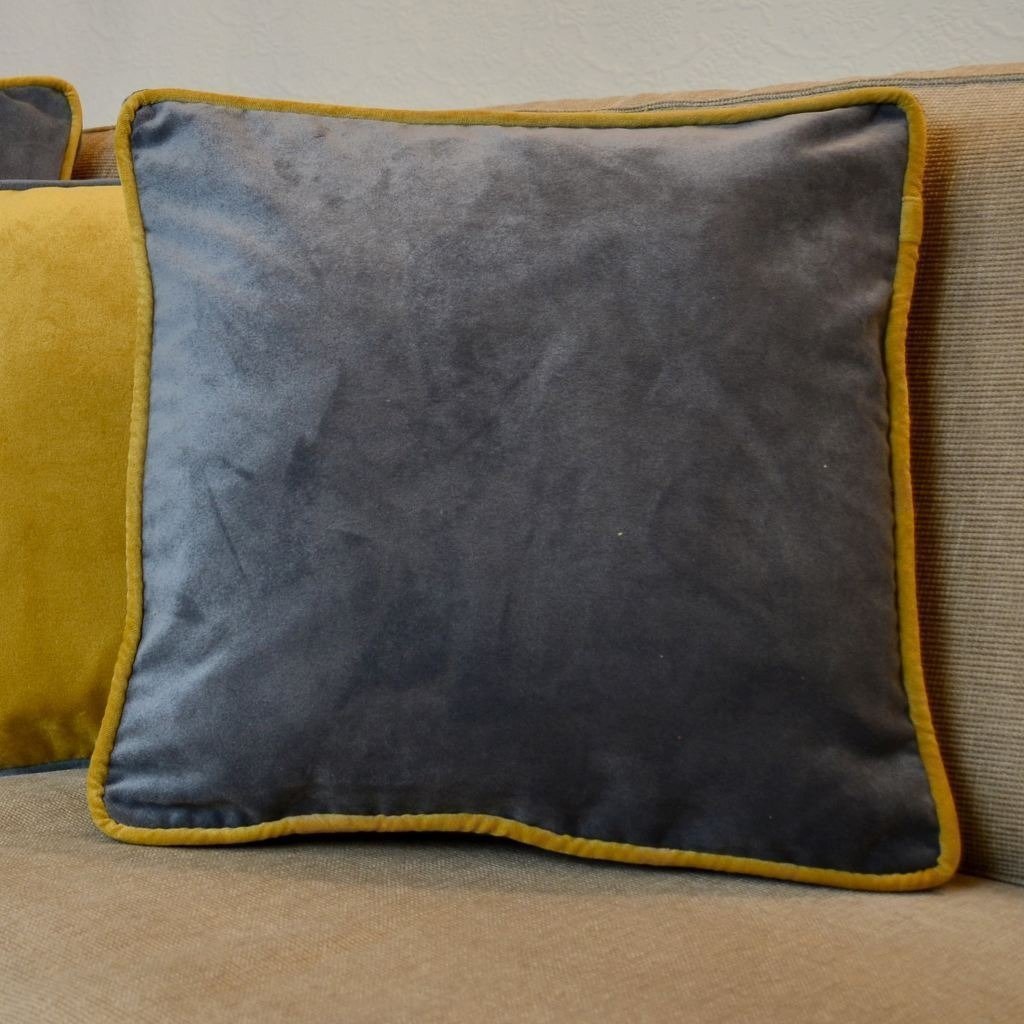 McAlister Textiles Deluxe Large Velvet Grey + Yellow Box Cushion 50cm x 50cm x 5cm Box Cushions 