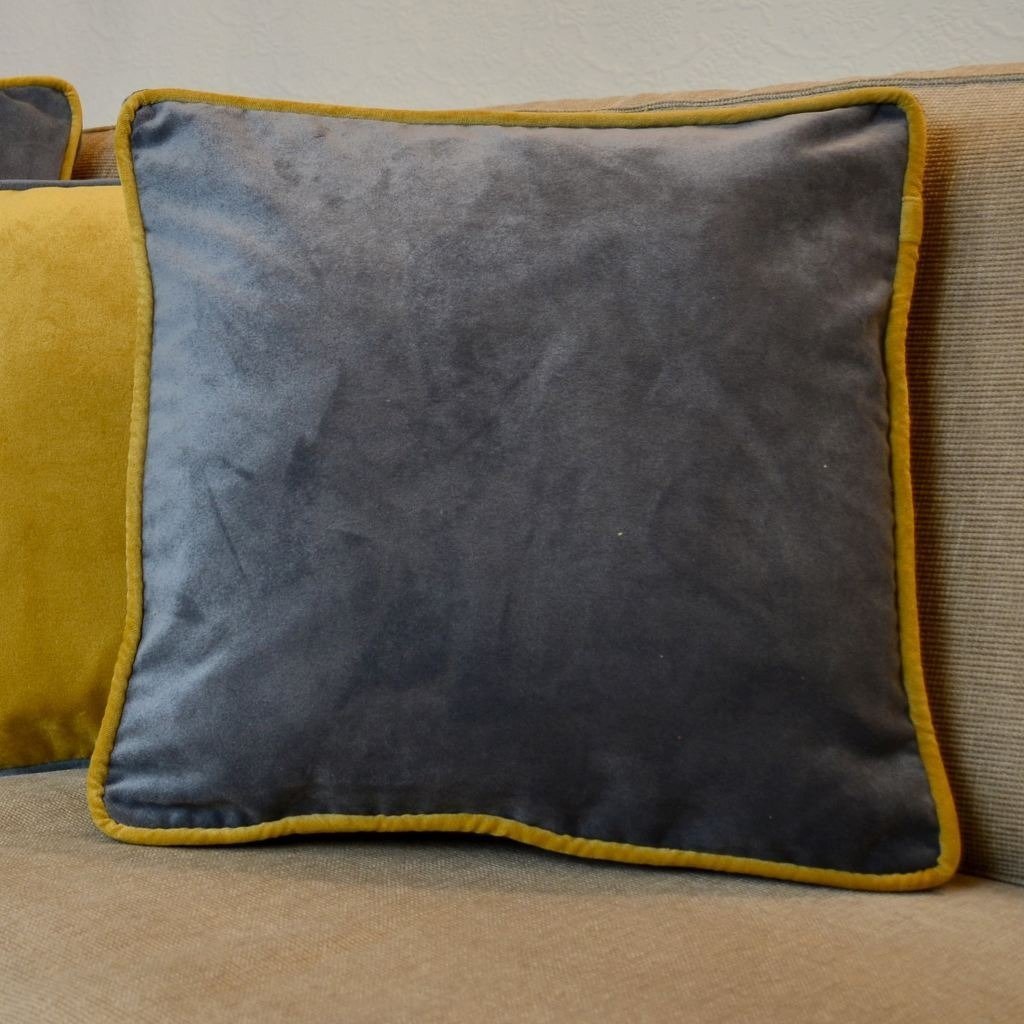 McAlister Textiles Deluxe Velvet Grey + Yellow Box Cushion 43cm x 43cm x 3cm Box Cushions 