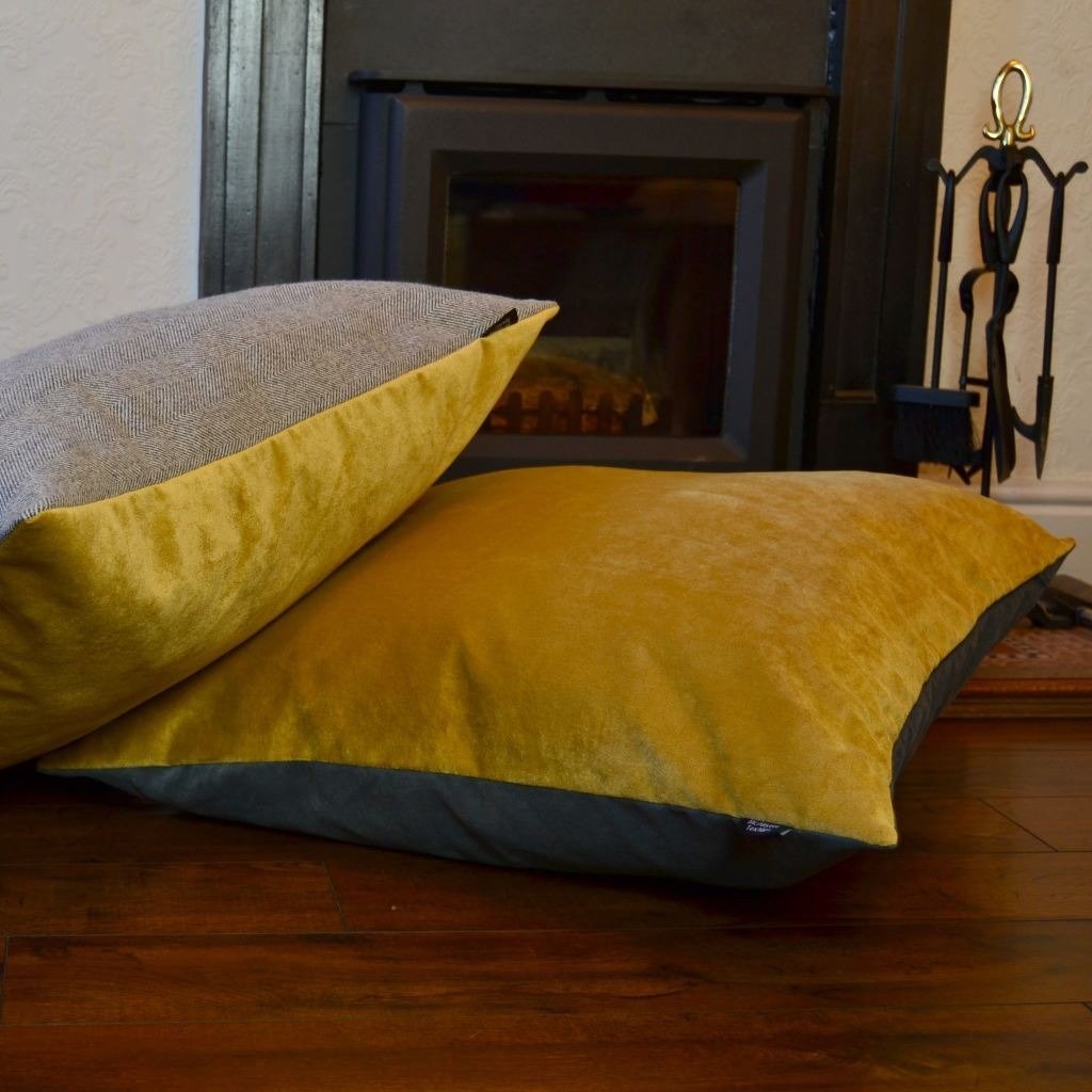 McAlister Textiles Deluxe Velvet Yellow + Grey 66cm x 66cm Floor Cushion Floor Cushions 