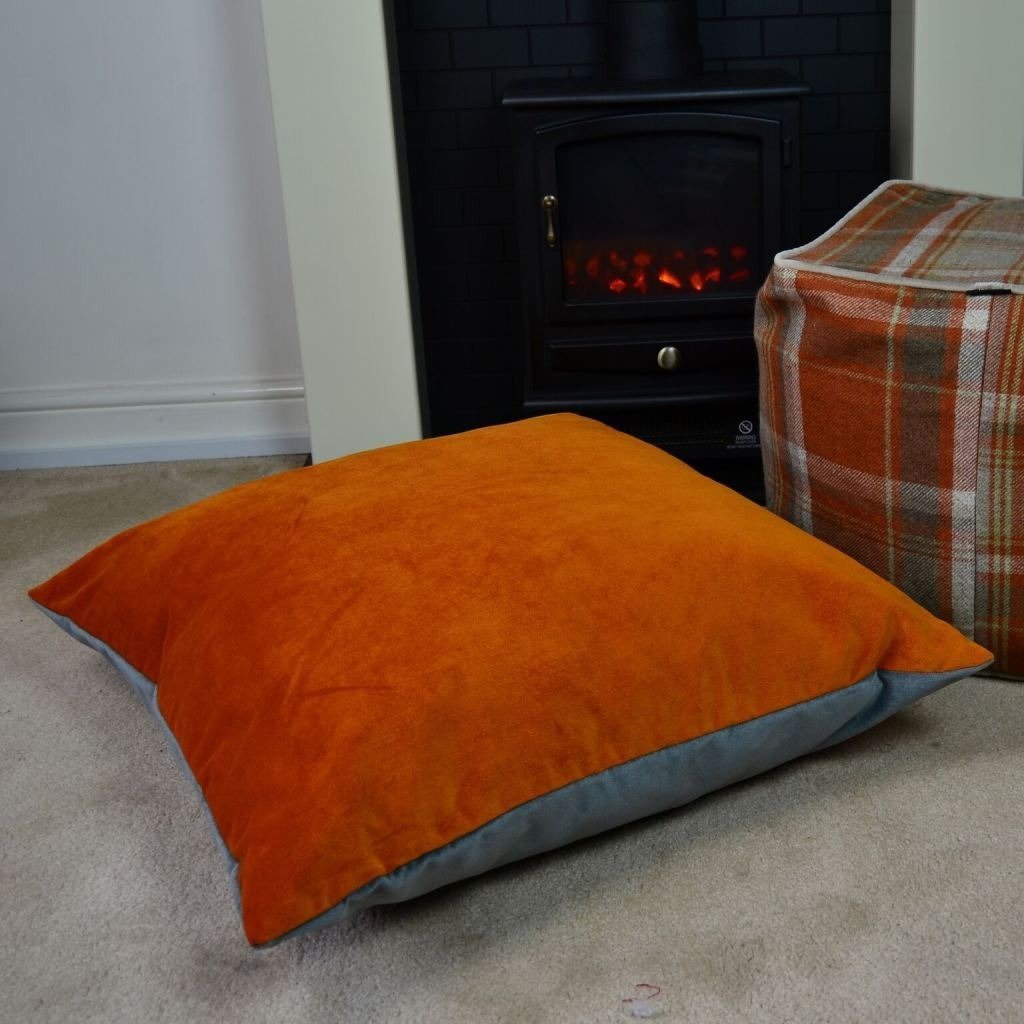 McAlister Textiles Deluxe Velvet Burnt Orange + Grey 66cm x 66cm Floor Cushion Floor Cushions 