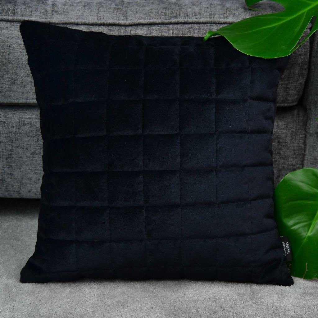 McAlister Textiles Square Quilted Black Velvet Cushion Cushions and Covers 