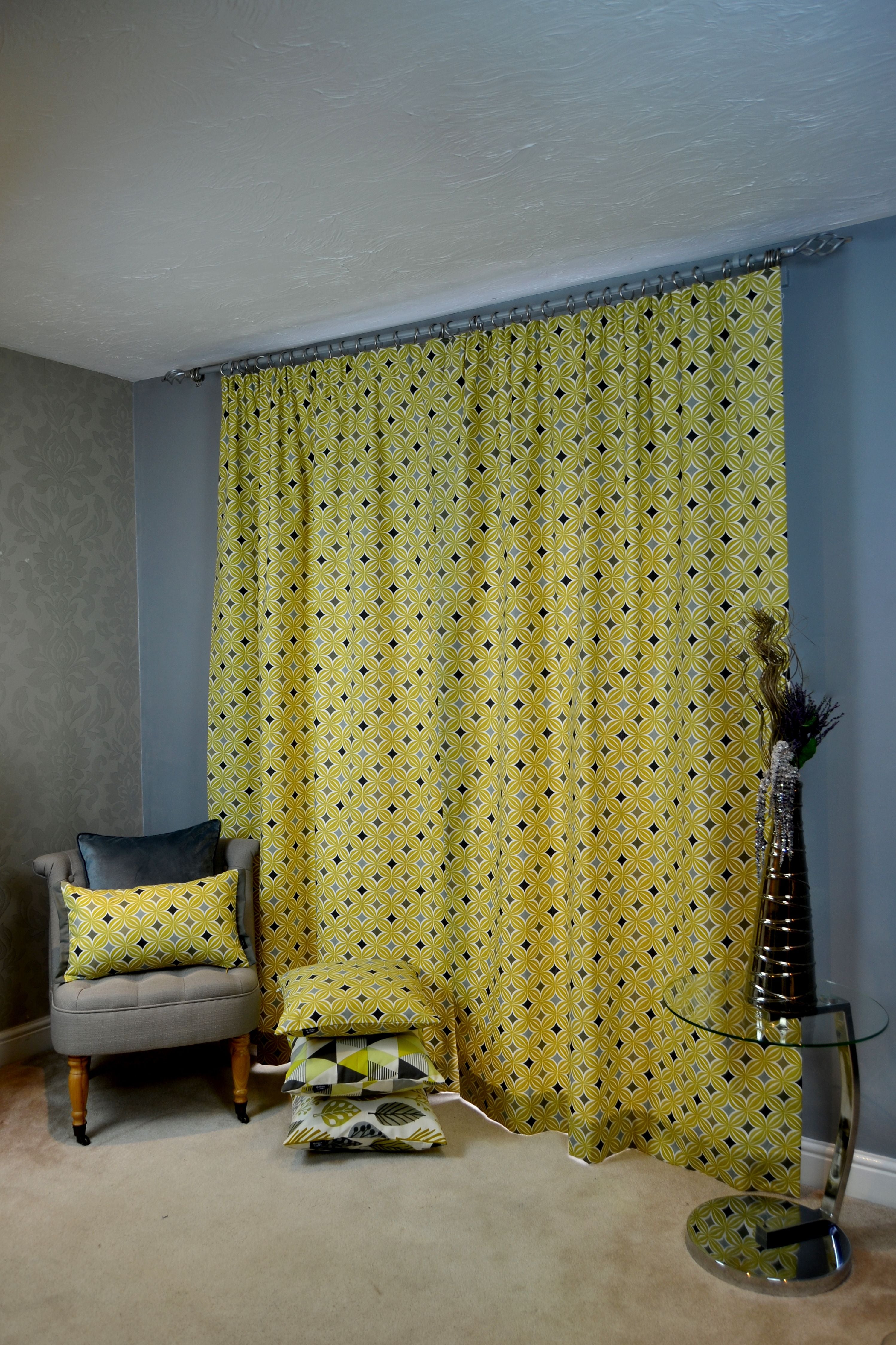 McAlister Textiles Laila Ochre Yellow and Grey FR Curtains Tailored Curtains