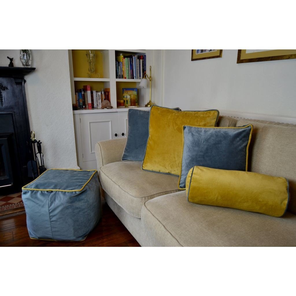 McAlister Textiles Deluxe Velvet Grey + Yellow Box Cushion 43cm x 43cm x 3cm Box Cushions 