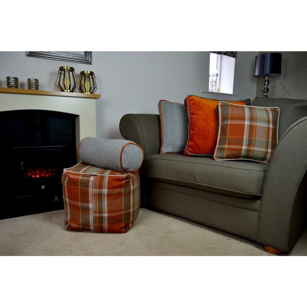 McAlister Textiles Deluxe Large Tartan Burnt Orange + Grey Box Cushion 50cm x 50cm x 5cm Box Cushions 