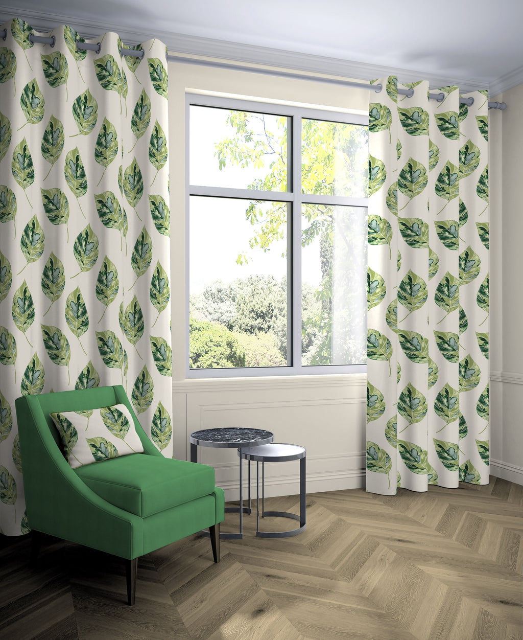 McAlister Textiles Leaf Forest Green Floral Cotton Print Curtains Tailored Curtains 116cm(w) x 137cm(d) (46" x 54") 