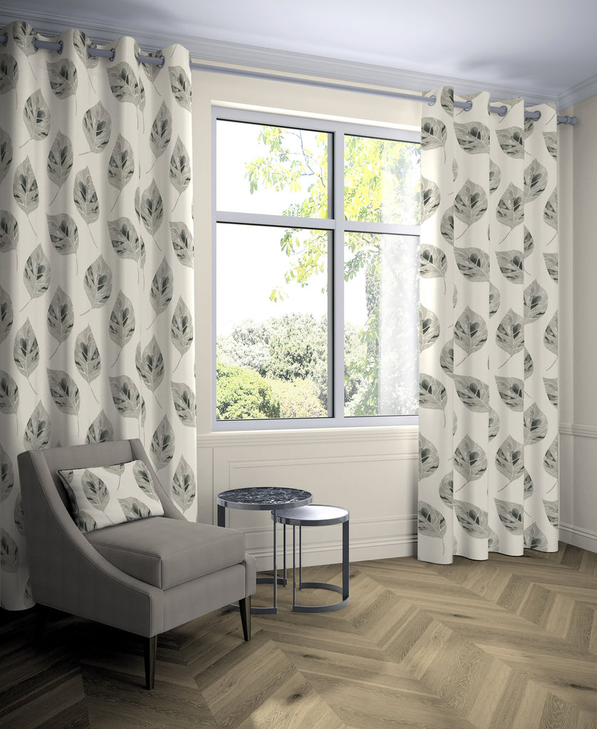 McAlister Textiles Leaf Soft Grey Floral Cotton Print Curtains Tailored Curtains 116cm(w) x 137cm(d) (46" x 54") 