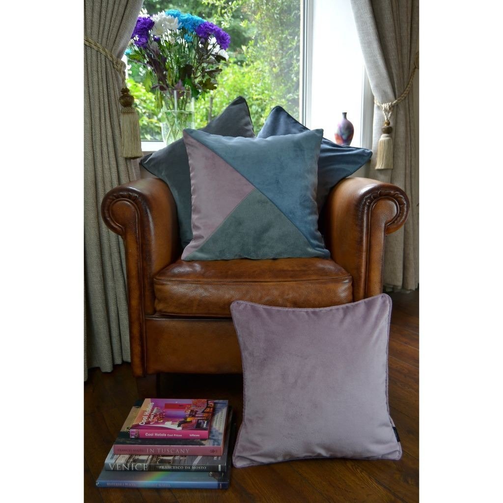 McAlister Textiles Diagonal Patchwork Velvet Blue, Purple + Grey Cushion Cushions and Covers 