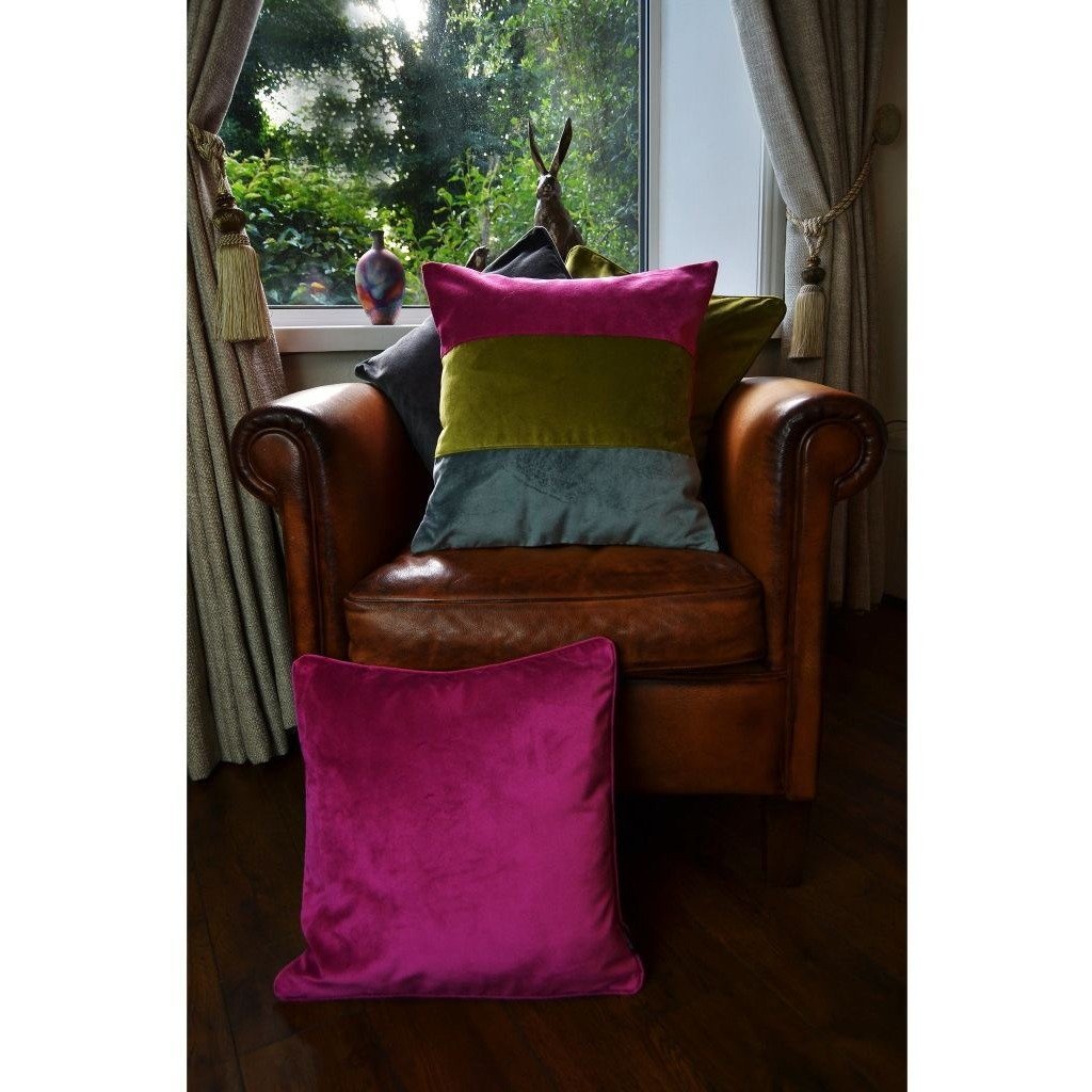 McAlister Textiles Straight Patchwork Velvet Pink, Green + Grey Cushion Cushions and Covers 
