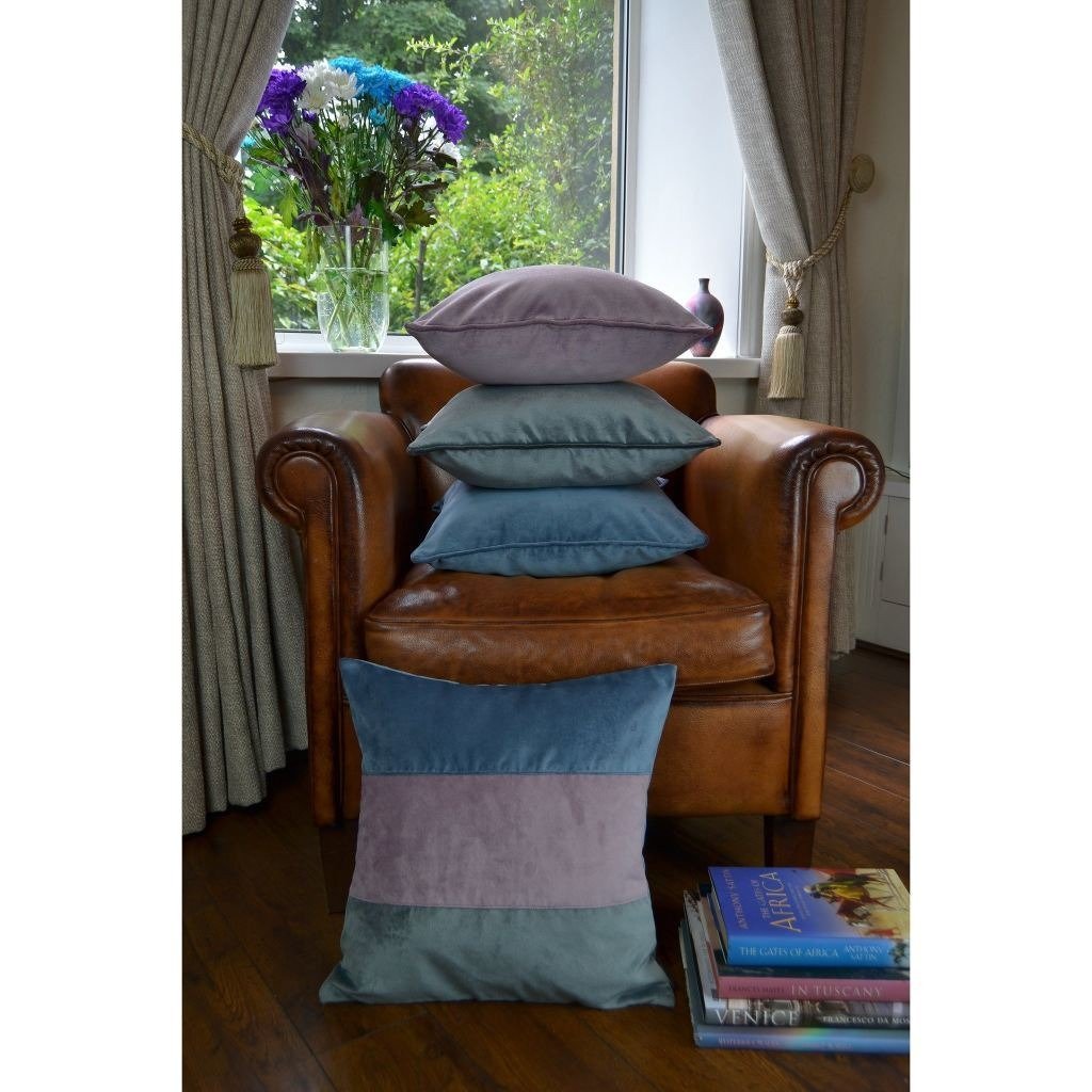 McAlister Textiles Straight Patchwork Velvet Blue, Purple + Grey Cushion Cushions and Covers 