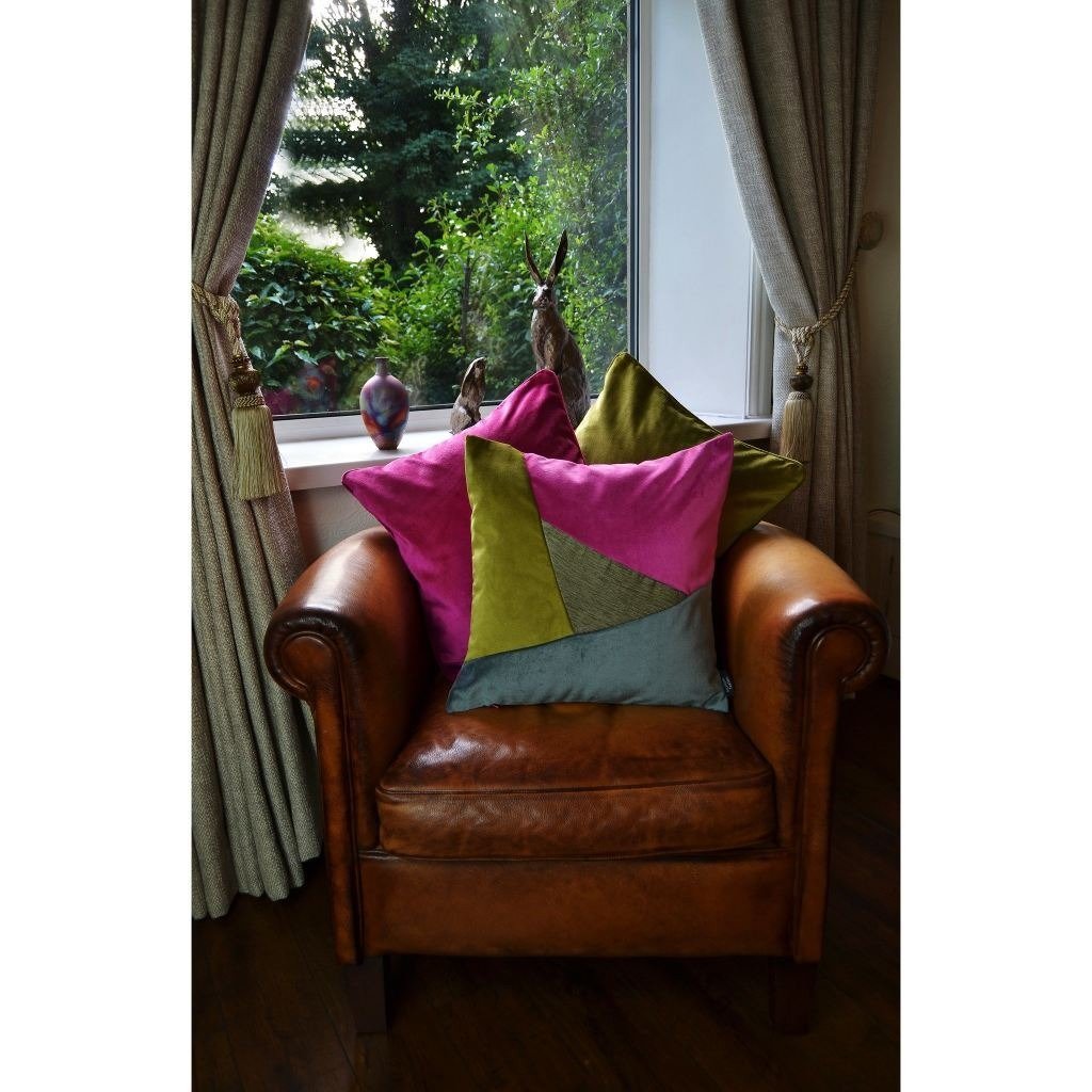 McAlister Textiles Triangle Patchwork Velvet Pink, Green + Grey Cushion Cushions and Covers 