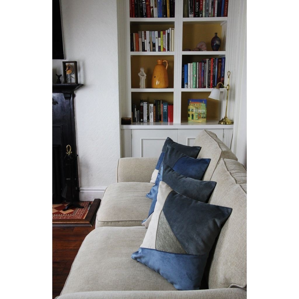McAlister Textiles Triangle Patchwork Velvet Blue, Gold + Grey Cushion Cushions and Covers 