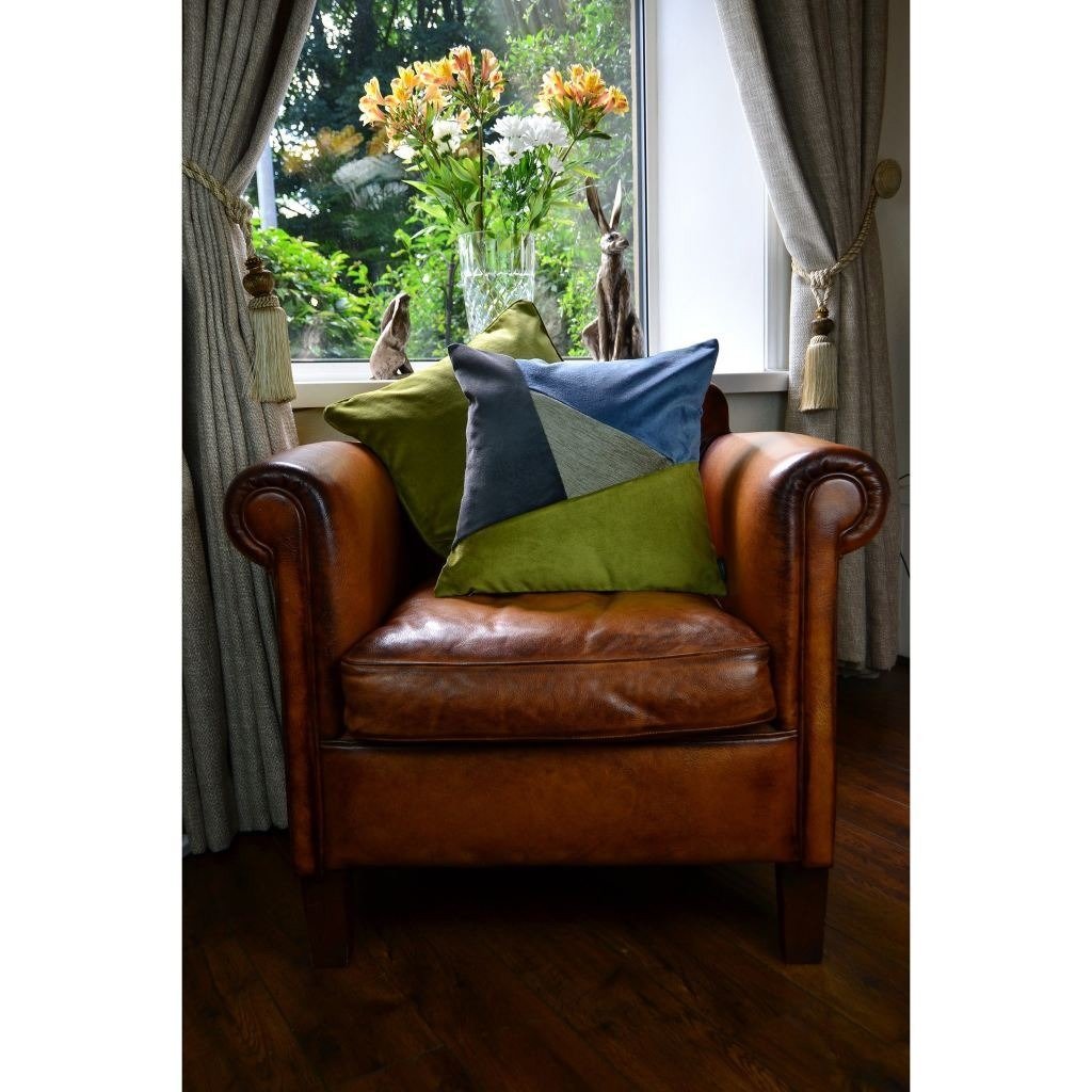 McAlister Textiles Triangle Patchwork Velvet Blue, Green + Grey Cushion Cushions and Covers 