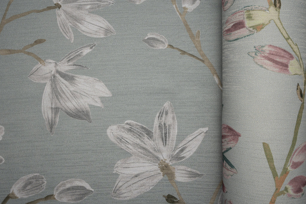 McAlister Textiles Magnolia Rose Pink and Duck Egg Floral FR Curtains Tailored Curtains