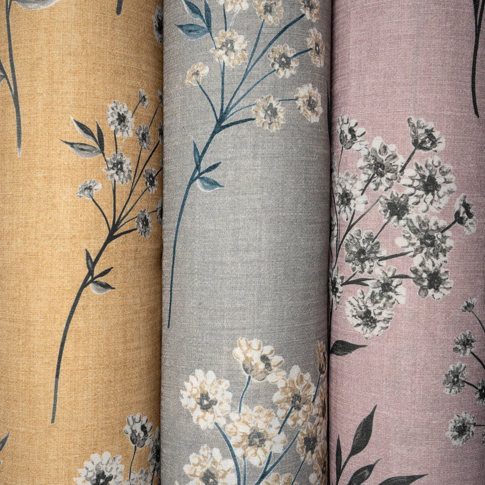McAlister Textiles Meadow Soft Grey Floral FR Curtains Tailored Curtains