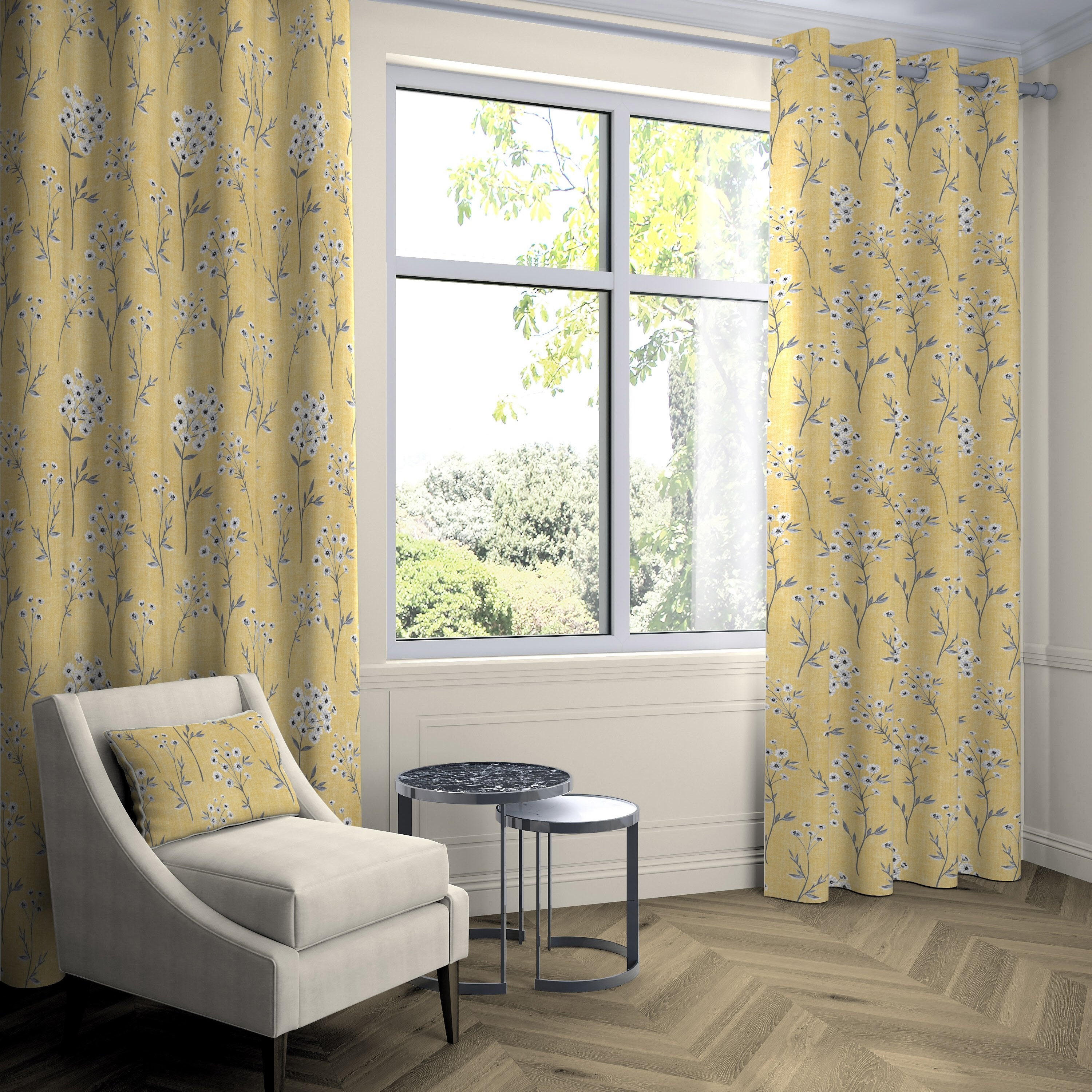 Meadow Yellow Floral Cotton Print Curtains