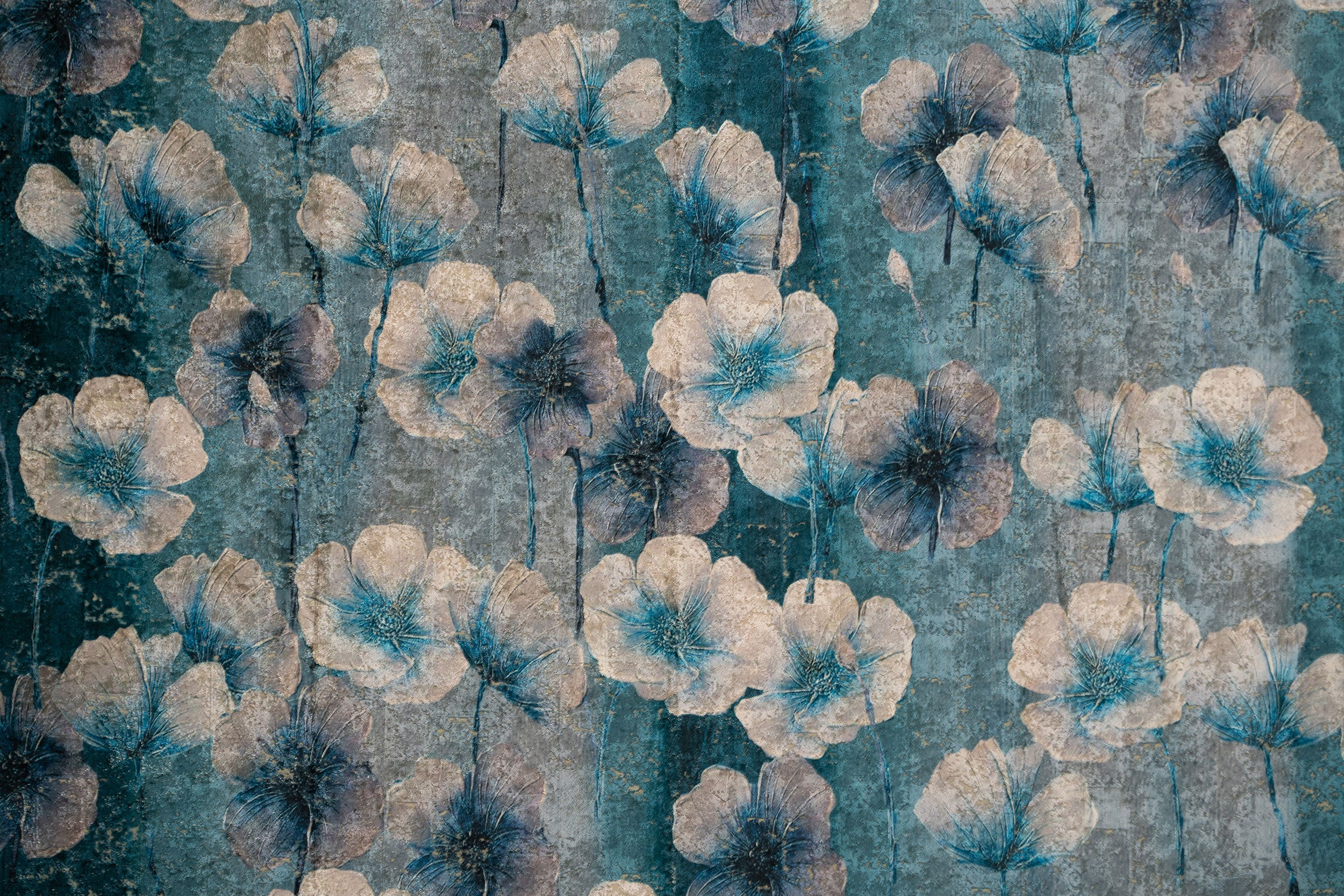 Poppy Blue Printed Velvet Fabric