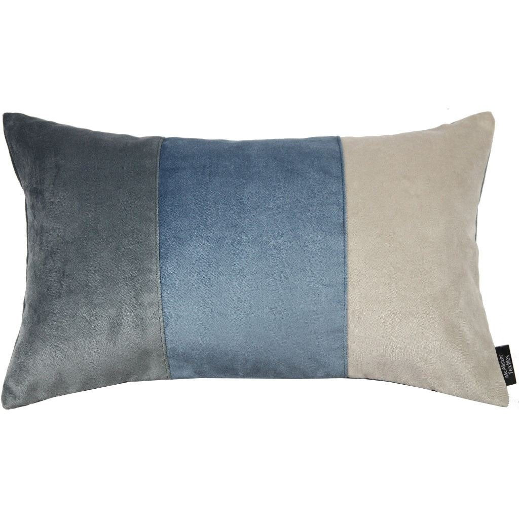 McAlister Textiles 3 Colour Patchwork Velvet Blue, Gold + Grey Pillow Pillow Cover Only 50cm x 30cm 