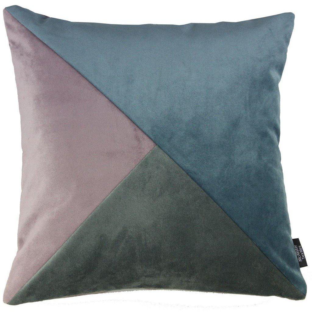 McAlister Textiles Diagonal Patchwork Velvet Blue, Purple + Grey Cushion Cushions and Covers Cover Only 43cm x 43cm 