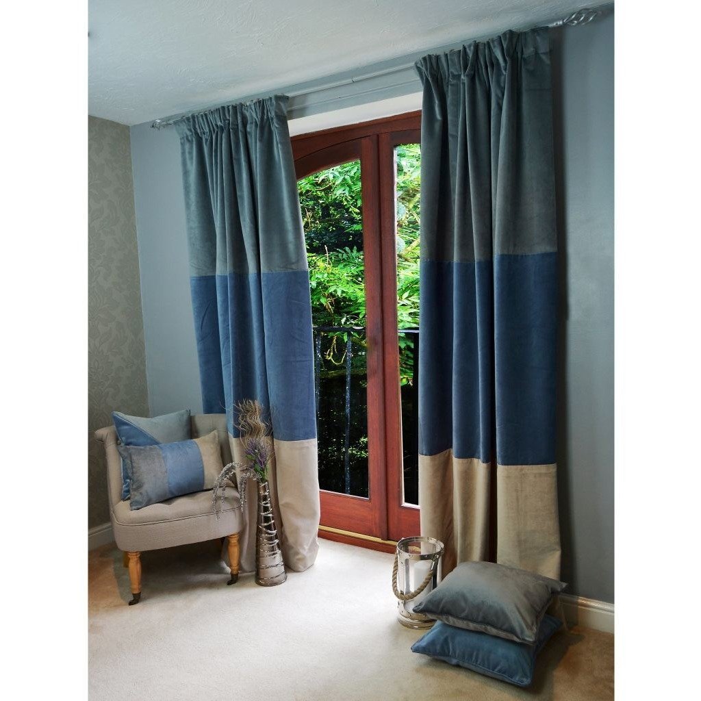 McAlister Textiles Patchwork Velvet Blue, Gold + Grey Curtains Tailored Curtains 116cm(w) x 182cm(d) (46" x 72") 