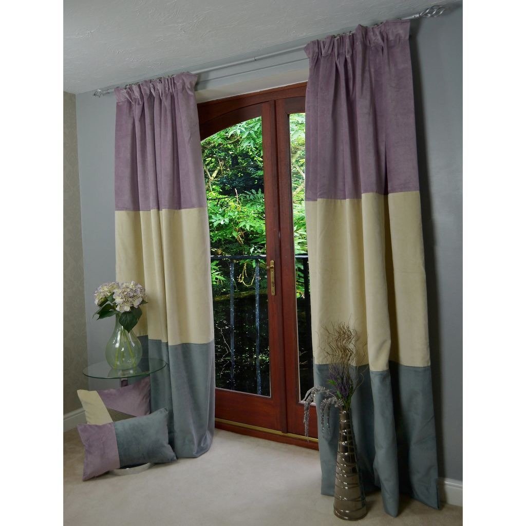 McAlister Textiles Patchwork Velvet Purple, Gold + Grey Curtains Tailored Curtains 116cm(w) x 182cm(d) (46" x 72") 