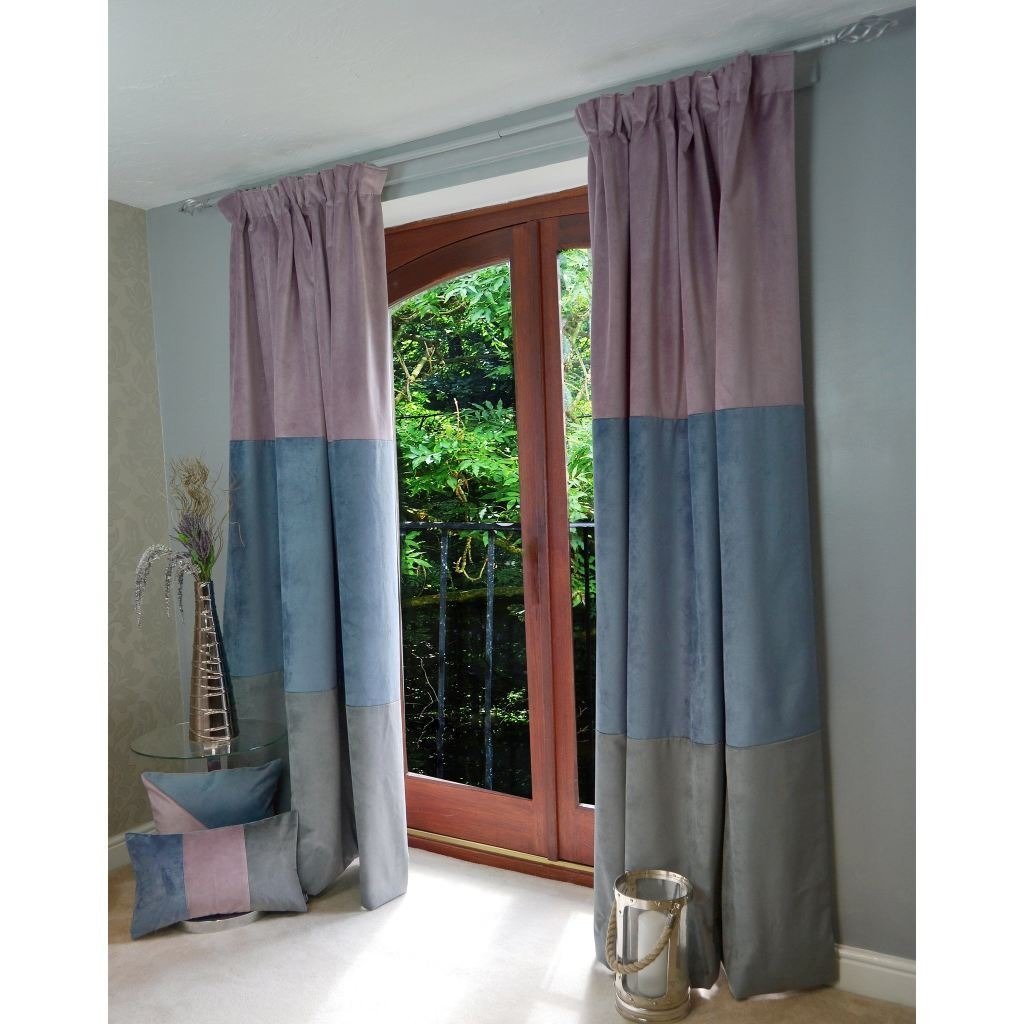 McAlister Textiles Patchwork Velvet Purple, Blue + Grey Curtains Tailored Curtains 116cm(w) x 182cm(d) (46" x 72") 