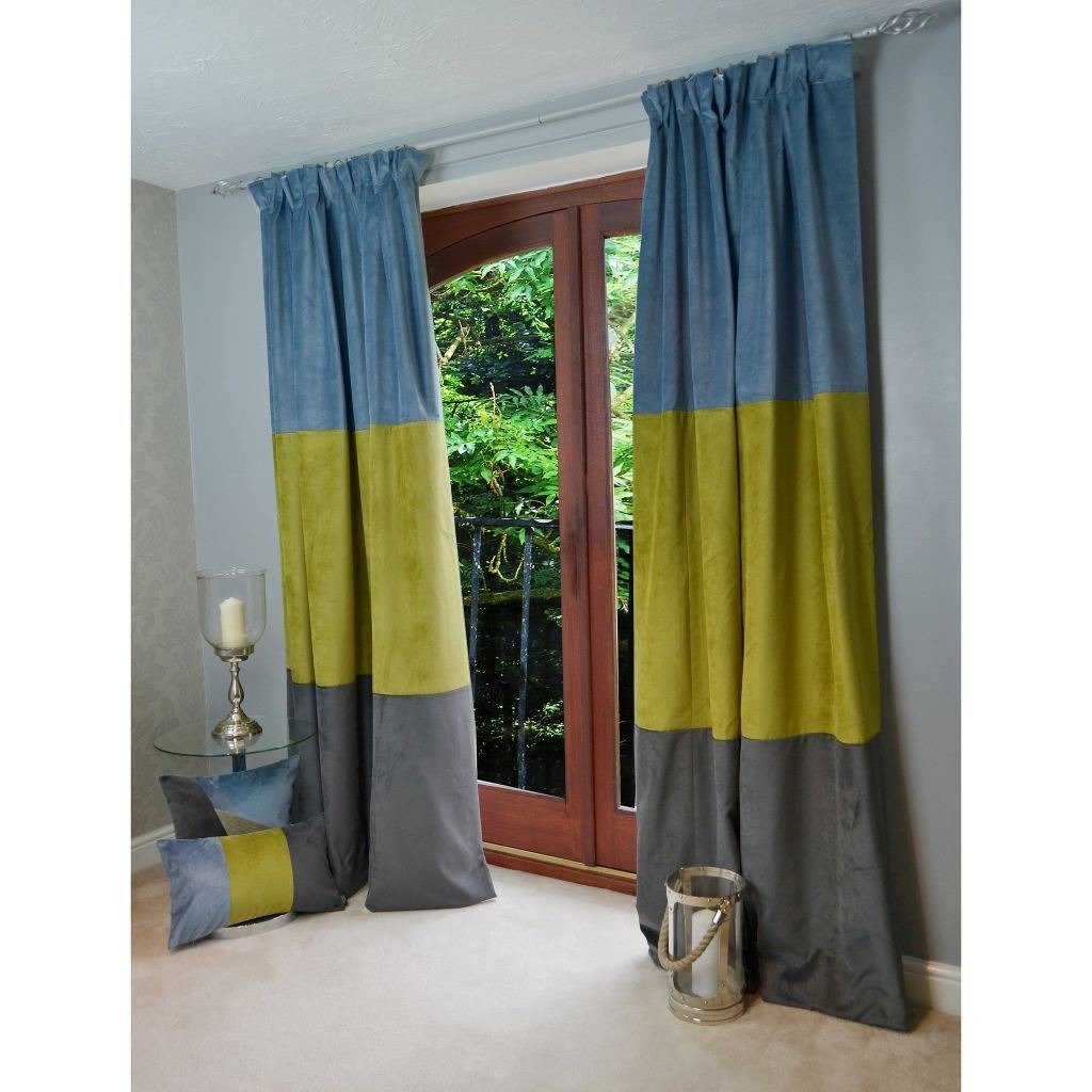 McAlister Textiles Patchwork Velvet Blue, Green + Grey Curtains Tailored Curtains 116cm(w) x 182cm(d) (46" x 72") 