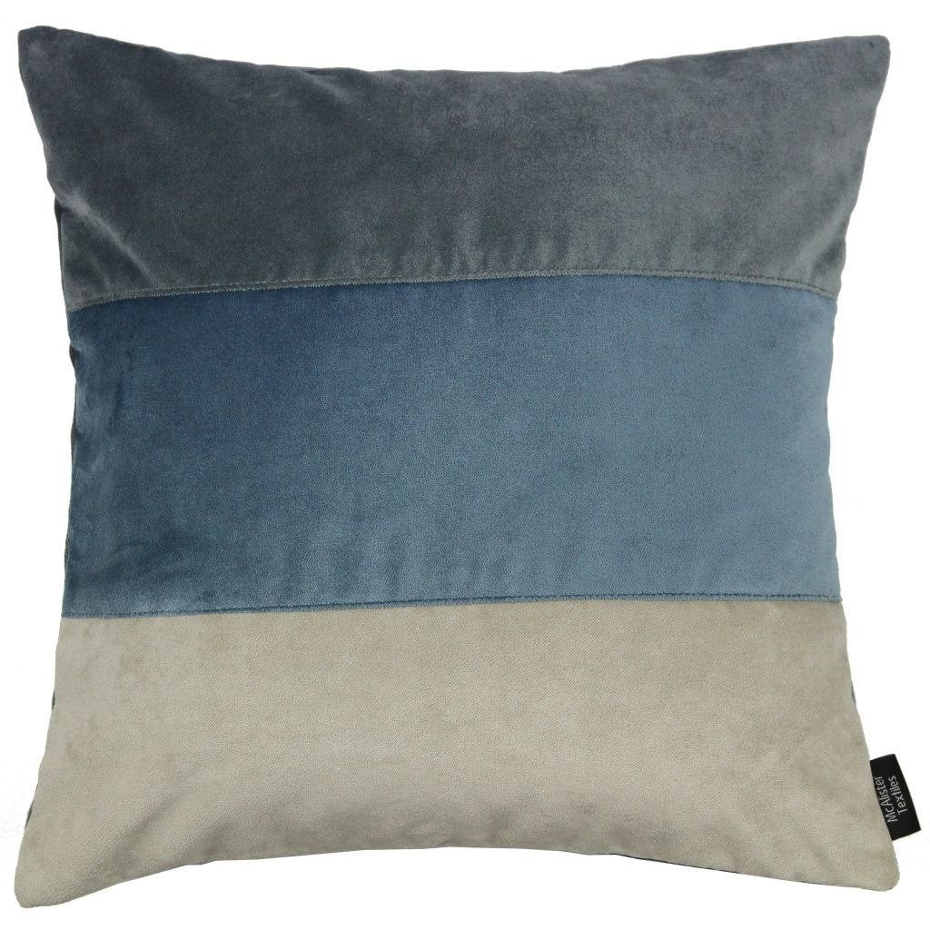McAlister Textiles Straight Patchwork Velvet Blue, Gold + Grey Cushion Cushions and Covers Cover Only 43cm x 43cm 