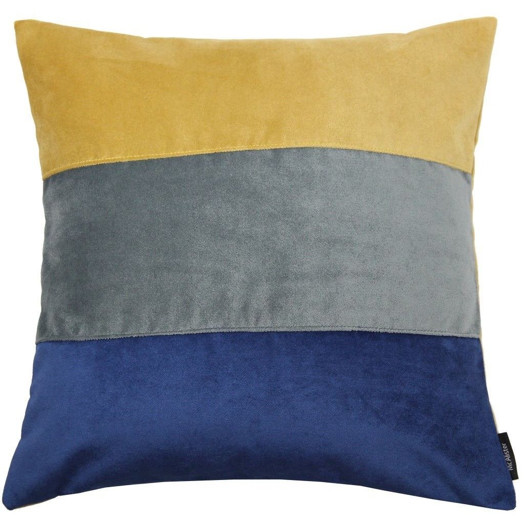 McAlister Textiles Straight Patchwork Velvet Navy, Yellow + Grey Cushion Cushions and Covers Cover Only 43cm x 43cm 