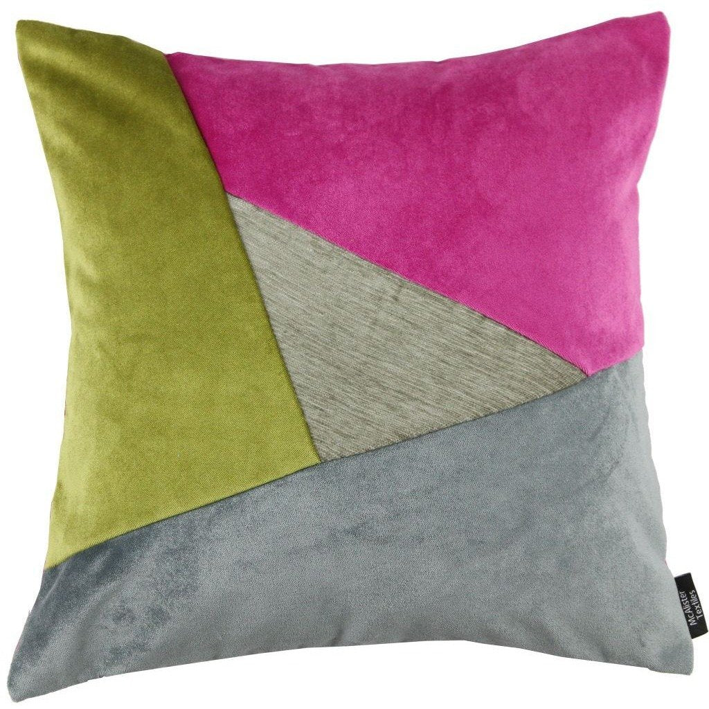 McAlister Textiles Triangle Patchwork Velvet Pink, Green + Grey Cushion Cushions and Covers Cover Only 43cm x 43cm 