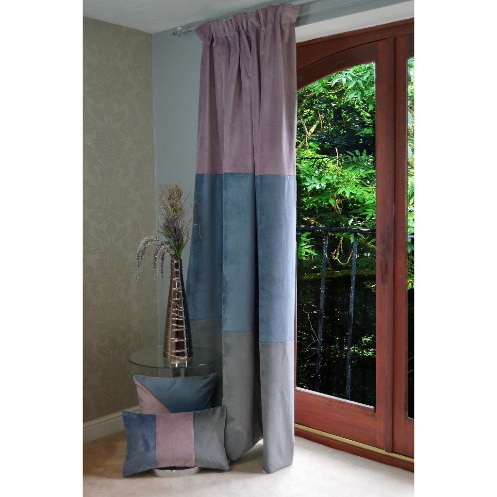 McAlister Textiles Patchwork Velvet Purple, Blue + Grey Curtains Tailored Curtains 
