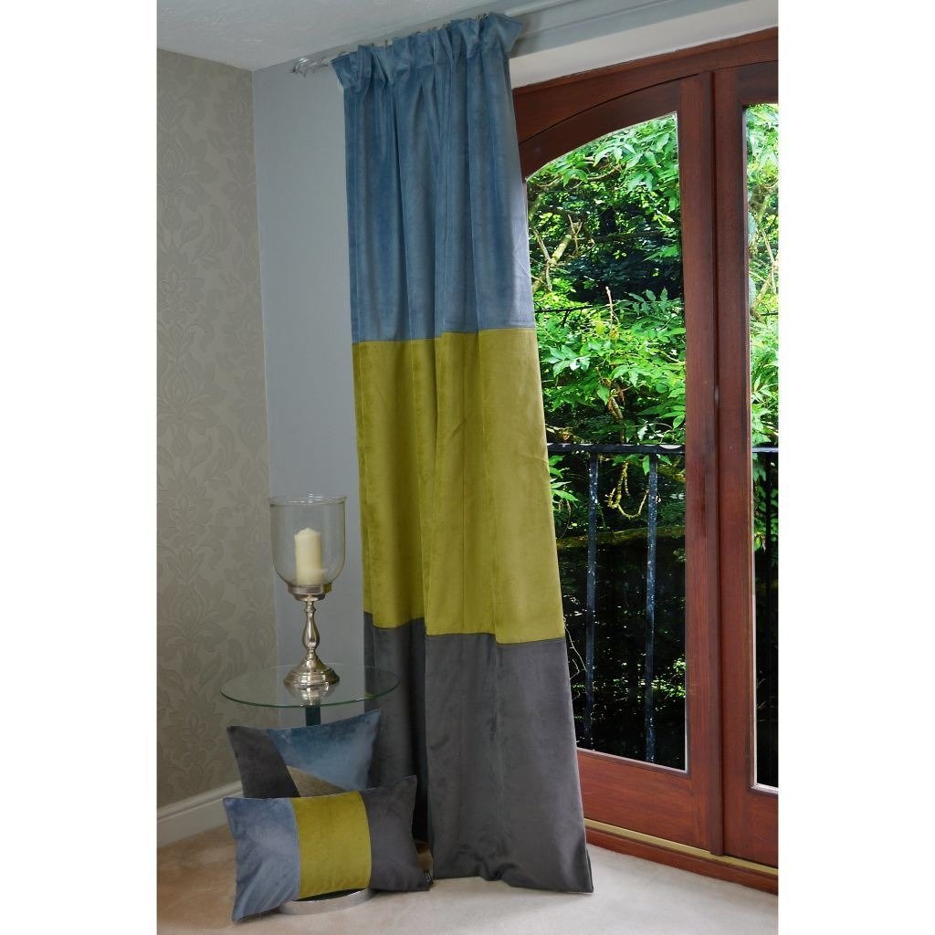 McAlister Textiles Patchwork Velvet Blue, Green + Grey Curtains Tailored Curtains 