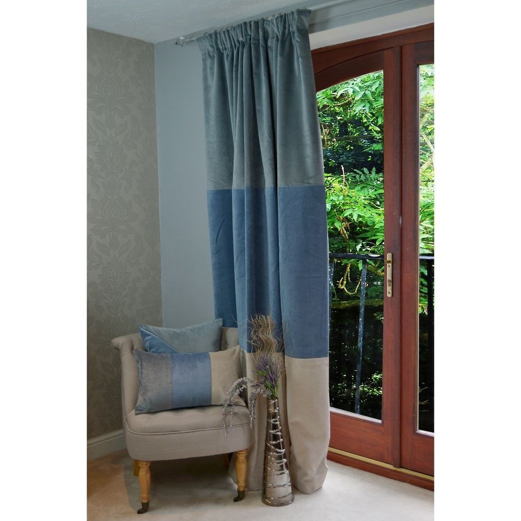 McAlister Textiles Patchwork Velvet Blue, Gold + Grey Curtains Tailored Curtains 