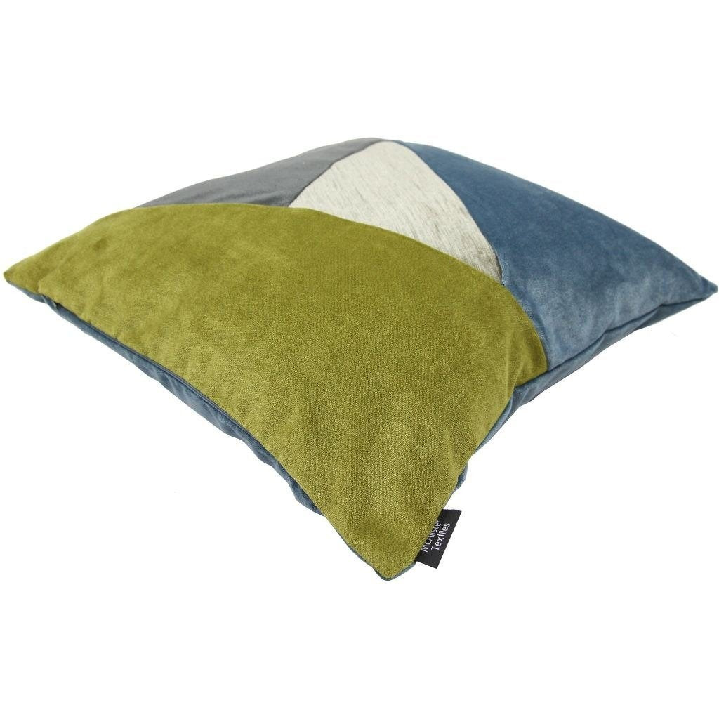 McAlister Textiles Triangle Patchwork Velvet Blue, Green + Grey Cushion Cushions and Covers 