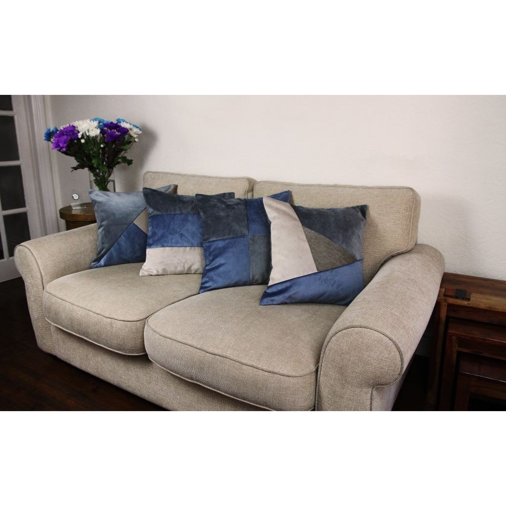 McAlister Textiles Square Patchwork Velvet Blue + Grey Cushion Cushions and Covers 