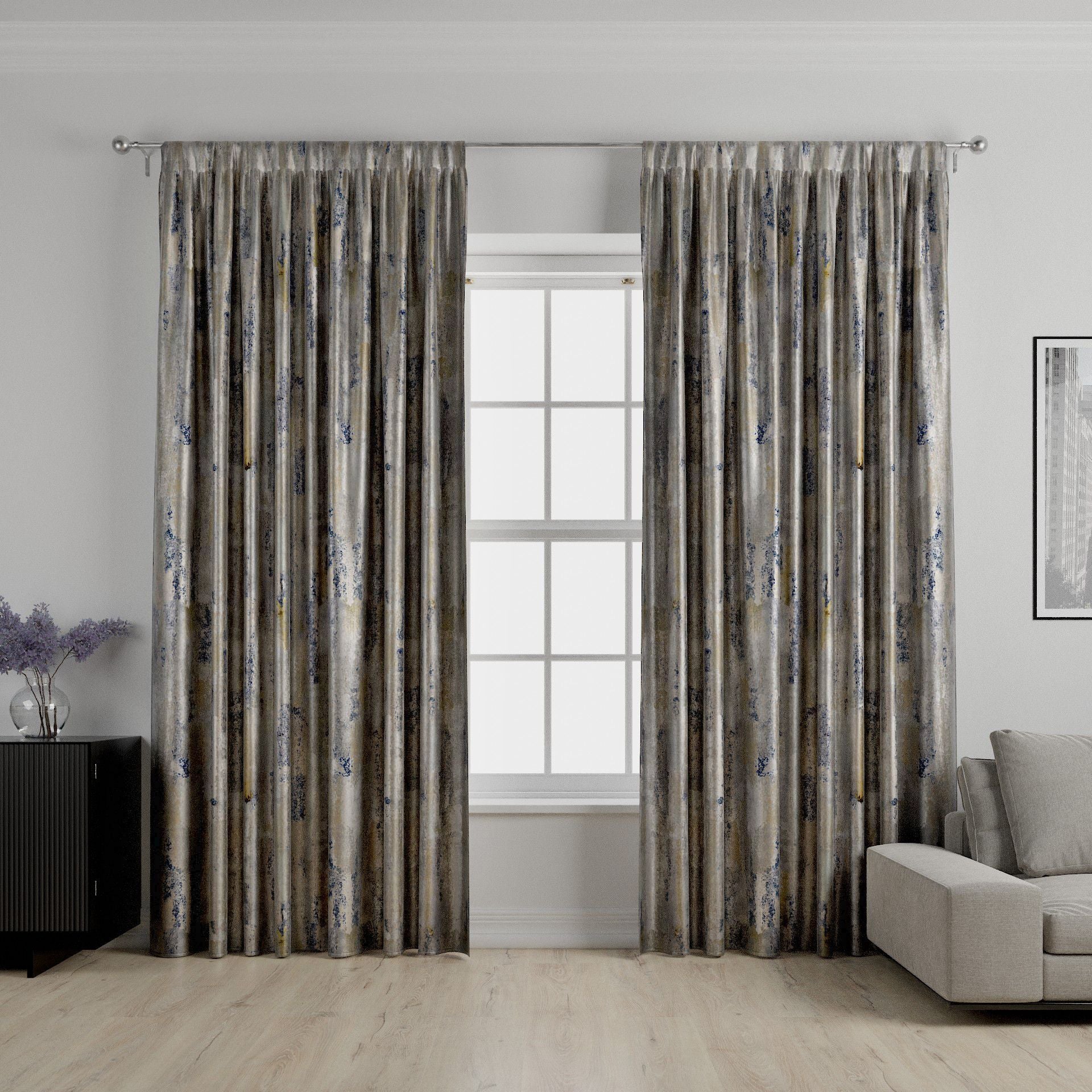 Aura Grey Natural Printed Velvet Curtains