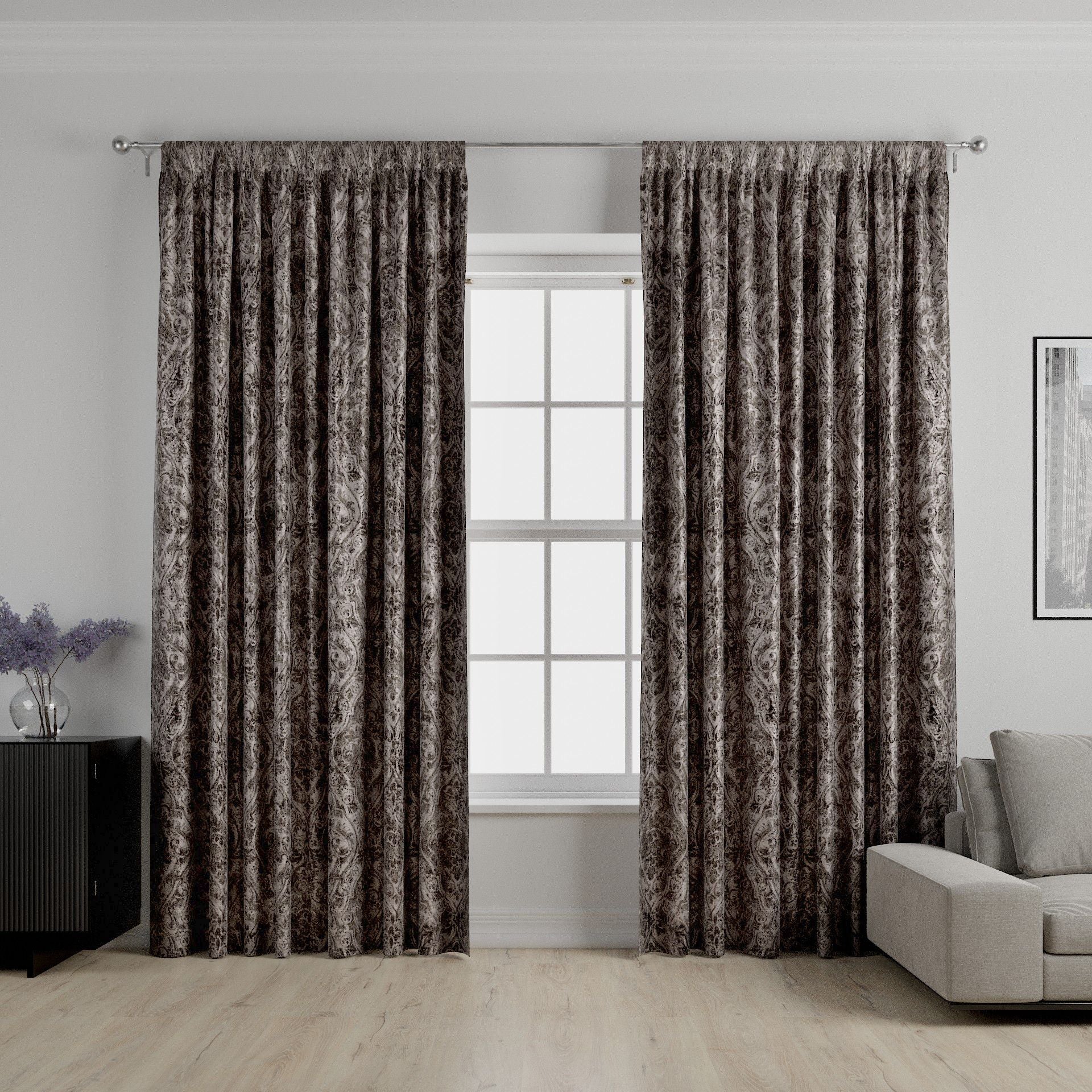 Renaissance Charcoal Grey Printed Velvet Curtains