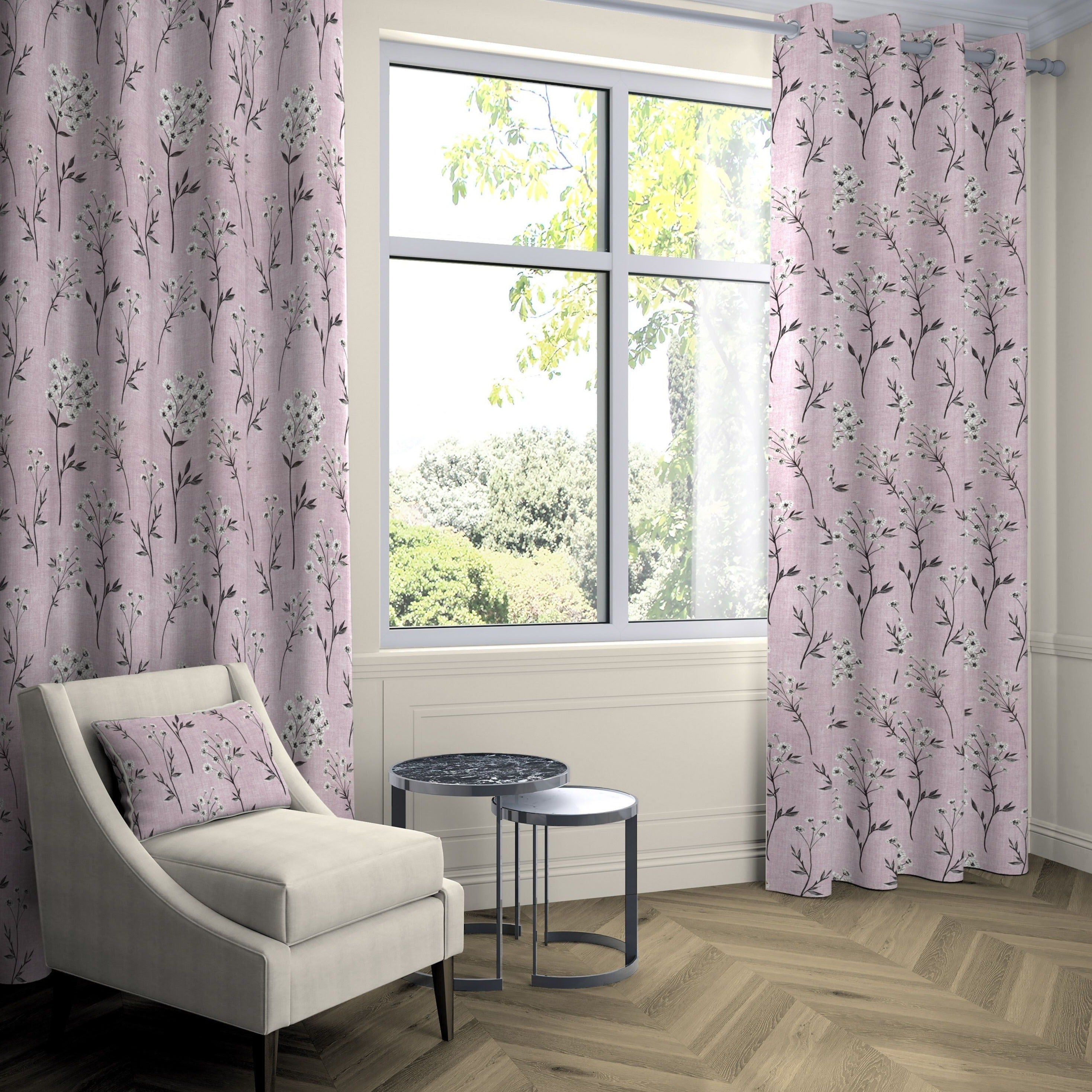 McAlister Textiles Meadow Blush Pink Floral Cotton Print Curtains Tailored Curtains 116cm(w) x 137cm(d) (46" x 54") 