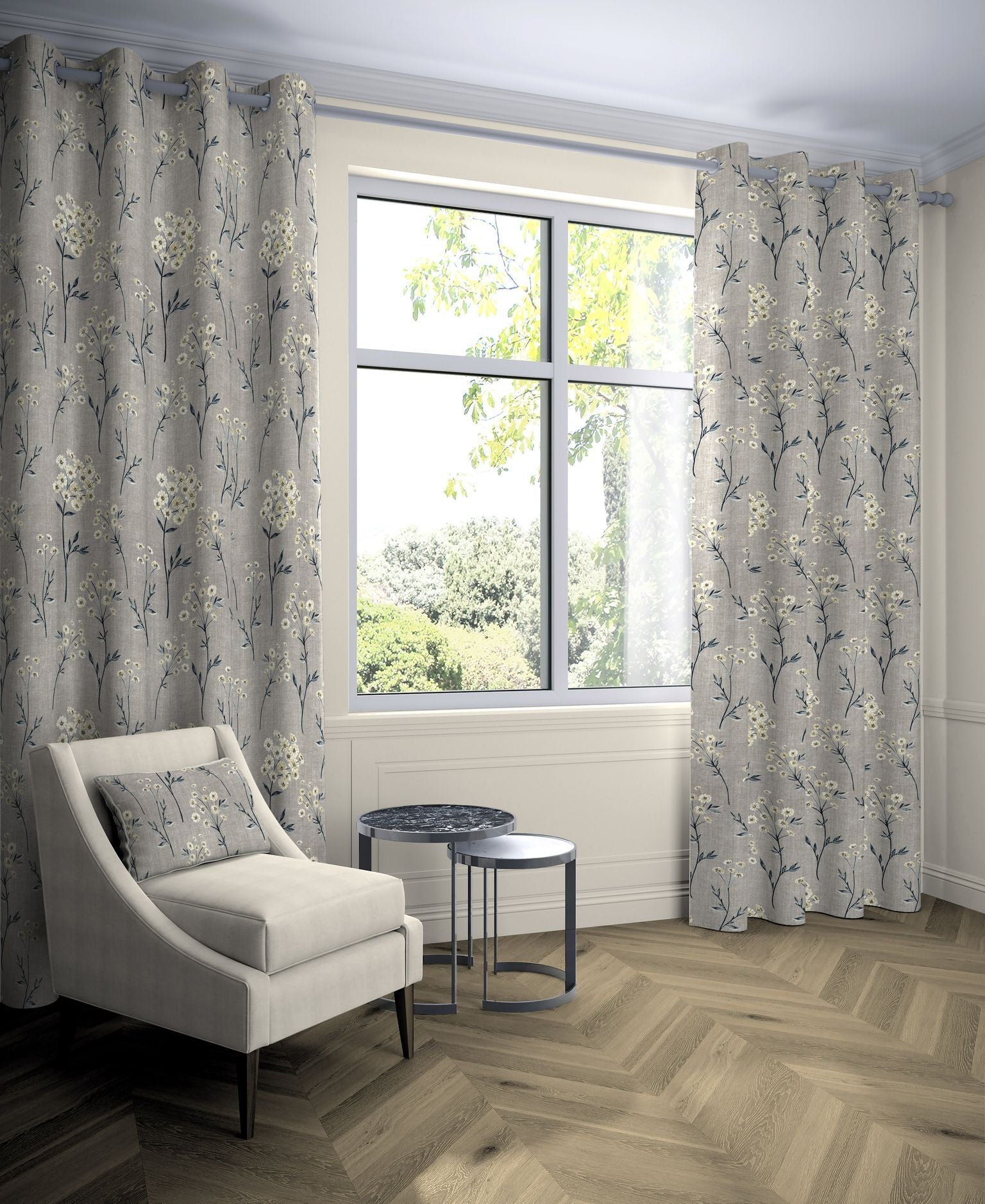 McAlister Textiles Meadow Soft Grey Floral Cotton Print Curtains Tailored Curtains 116cm(w) x 137cm(d) (46" x 54") 