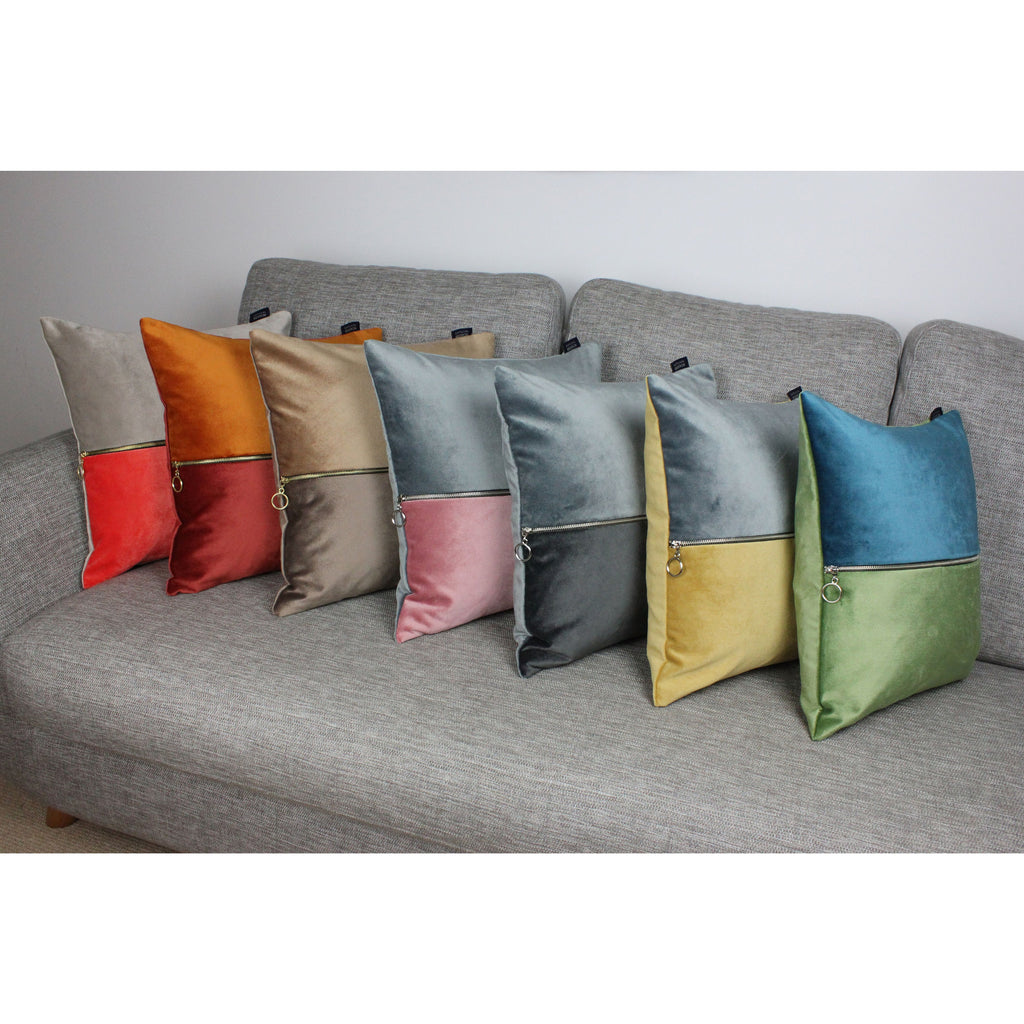 McAlister Textiles Decorative Zip Coral + Beige Velvet Cushion Cushions and Covers 