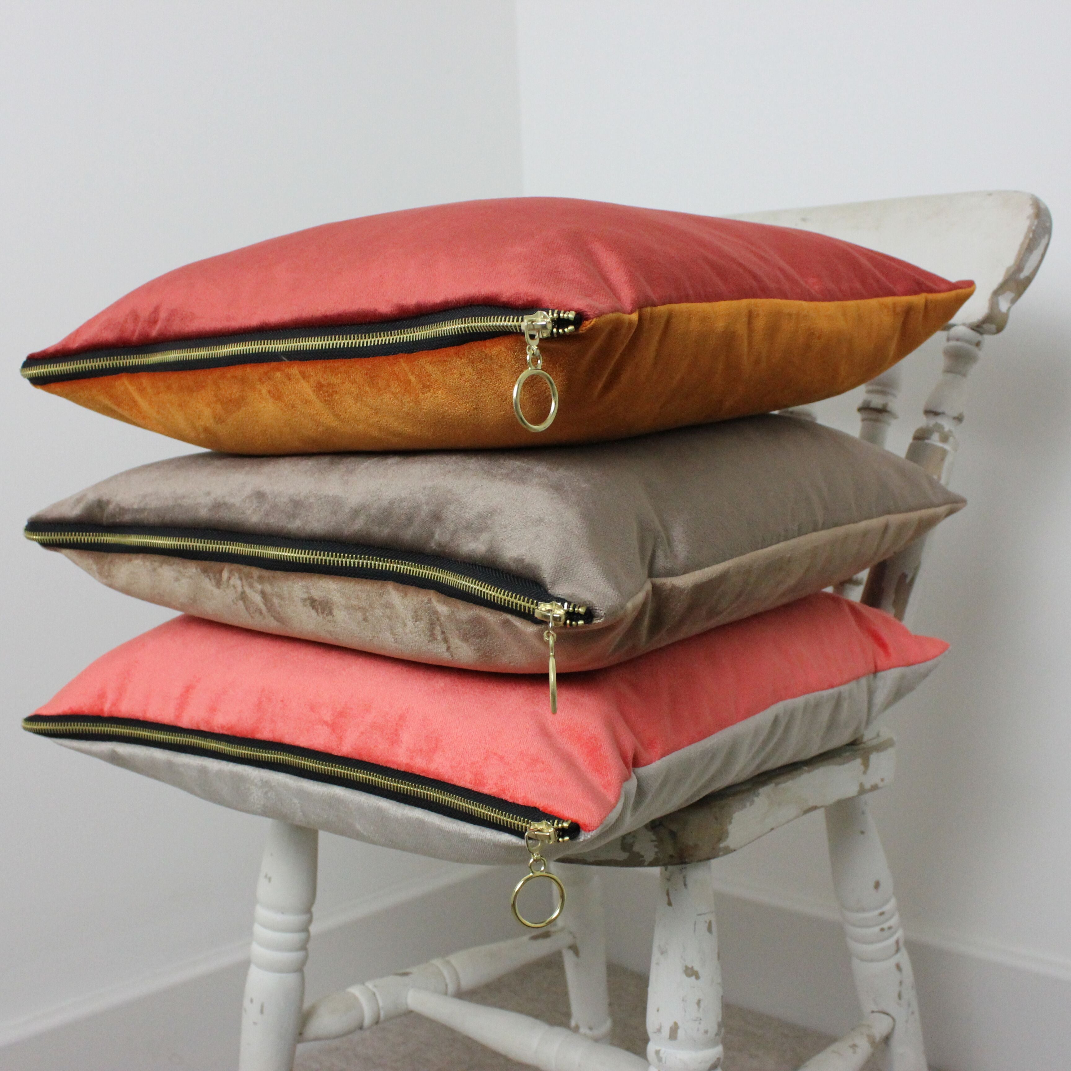 McAlister Textiles Decorative Zipper Edge Caramel + Mocha Velvet Cushion Cushions and Covers Cover Only 43cm x 43cm 