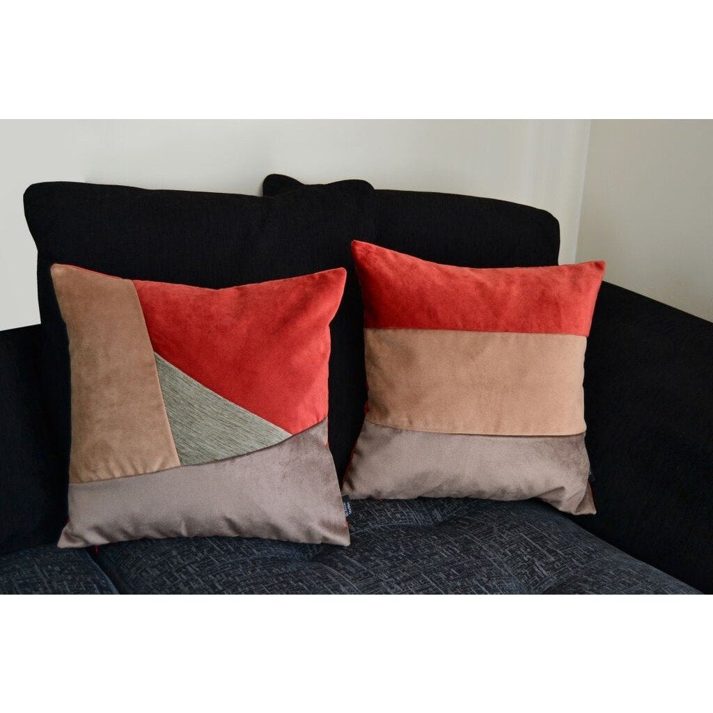 McAlister Textiles Straight Patchwork Velvet Brown, Gold + Red Cushion Cushions and Covers 