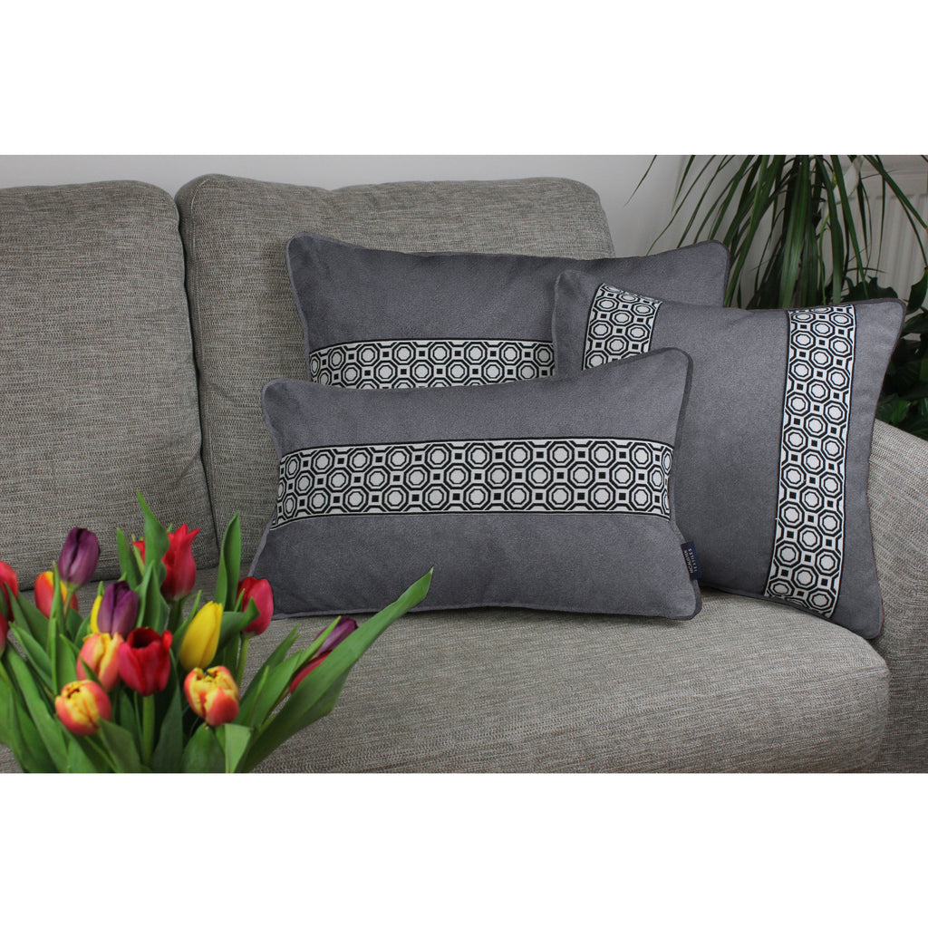 McAlister Textiles Cancun Striped Charcoal Grey Velvet Cushion Cushions and Covers