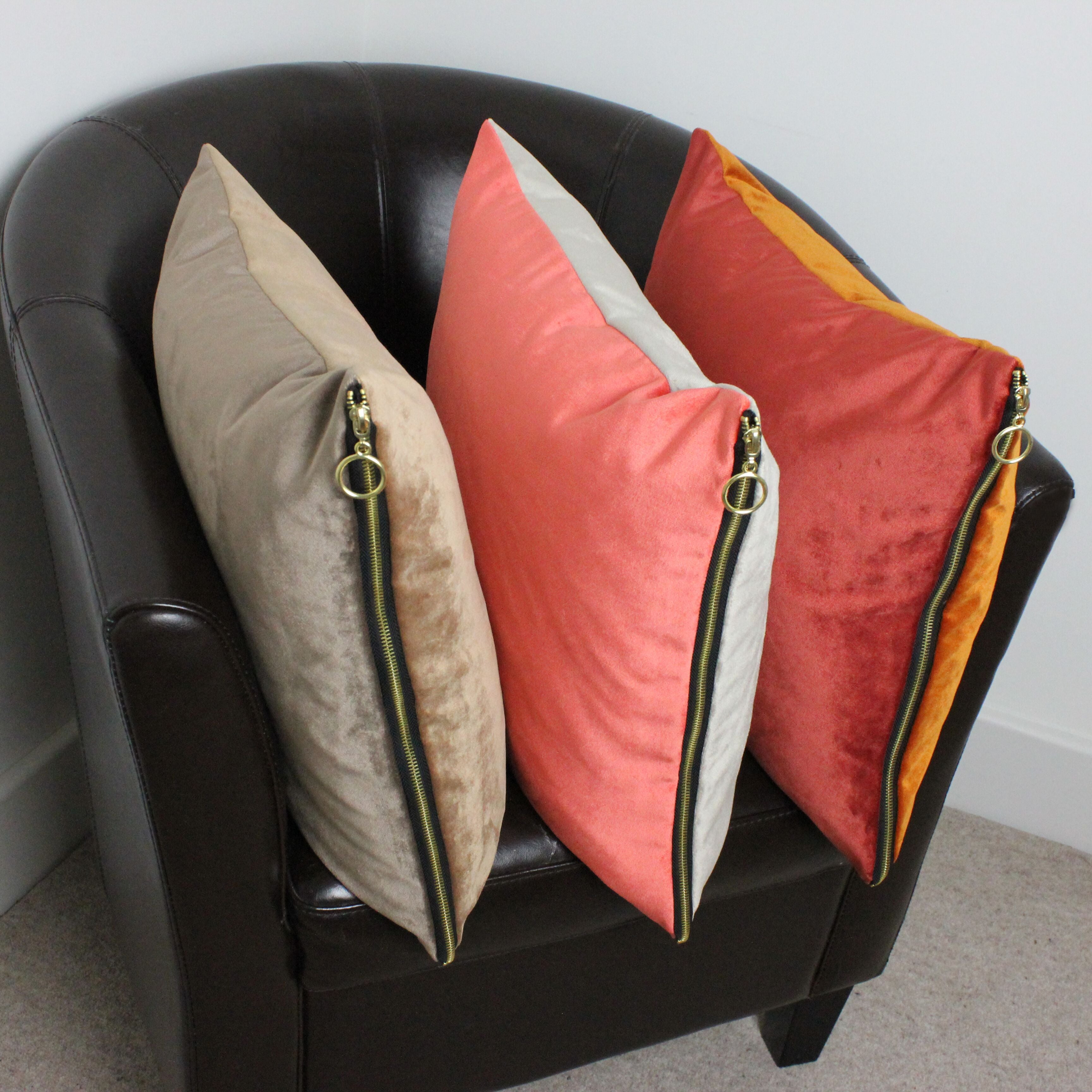 McAlister Textiles Decorative Zipper Edge Coral + Beige Velvet Cushion Cushions and Covers Cover Only 43cm x 43cm 